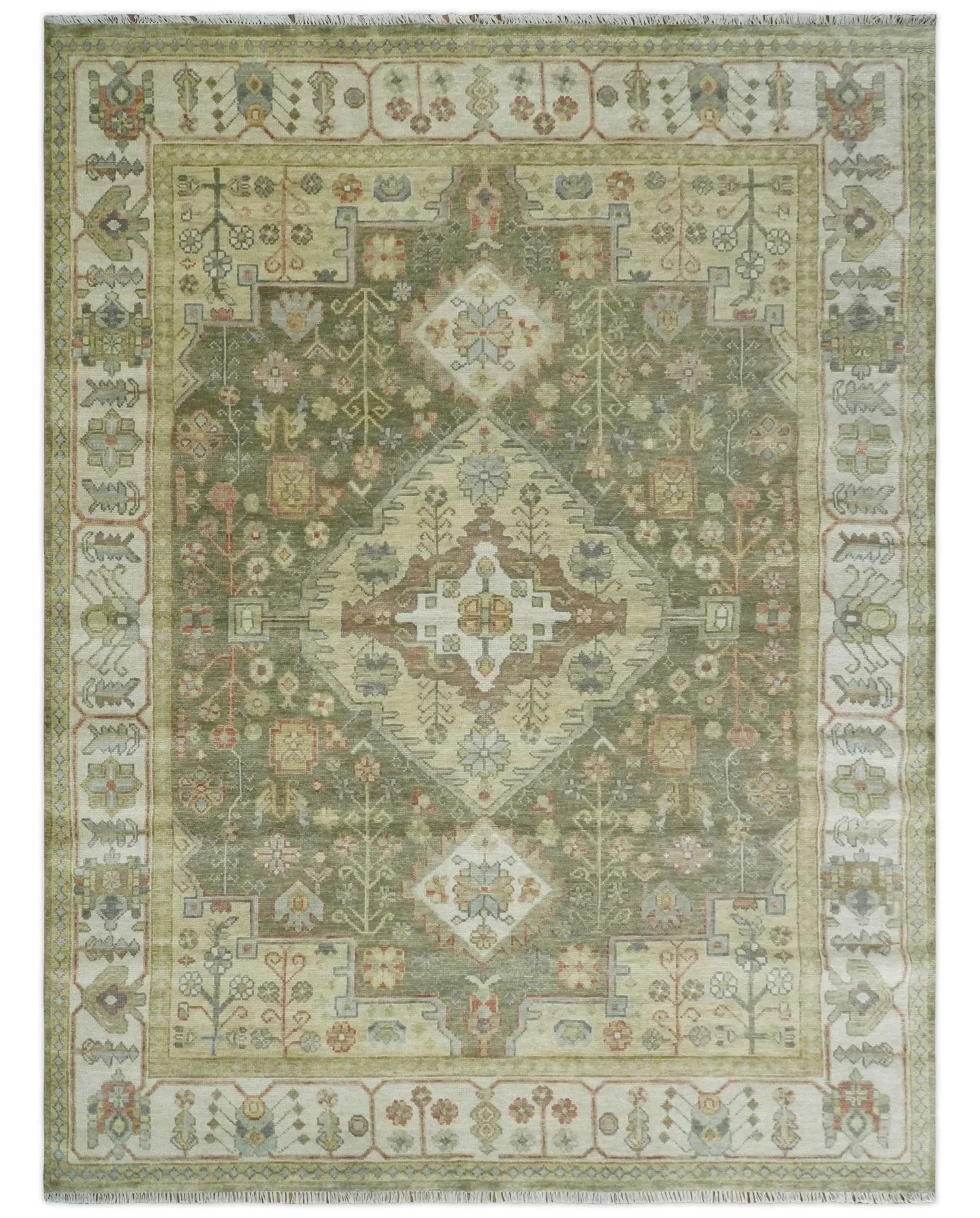 Antique Style Green, Ivory and Beige Hand knotted Heriz Serapi Multi Size wool Area Rug - The Mayfair Hall