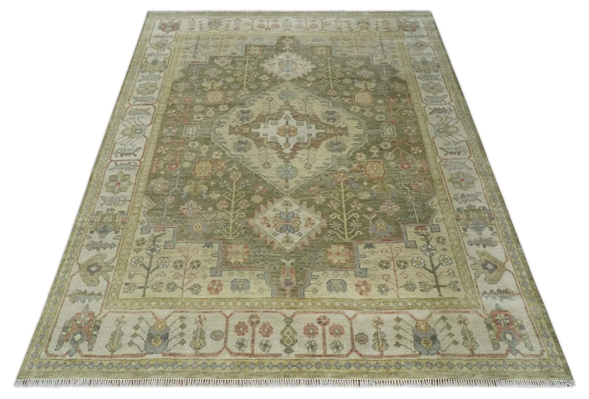 Antique Style Green, Ivory and Beige Hand knotted Heriz Serapi Multi Size wool Area Rug - The Mayfair Hall