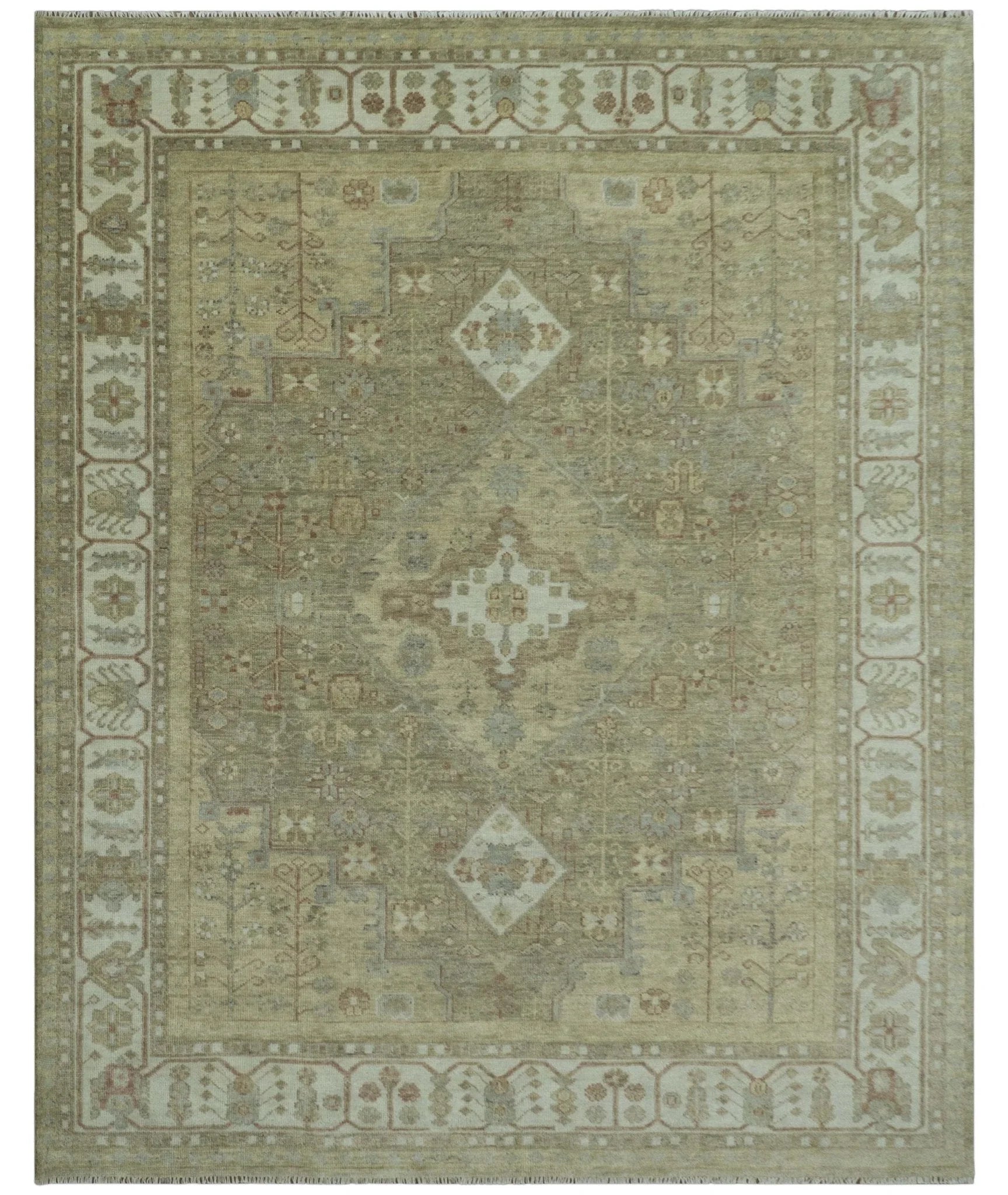 Antique Style Green, Ivory and Beige Hand knotted Heriz Serapi Multi Size wool Area Rug - The Mayfair Hall