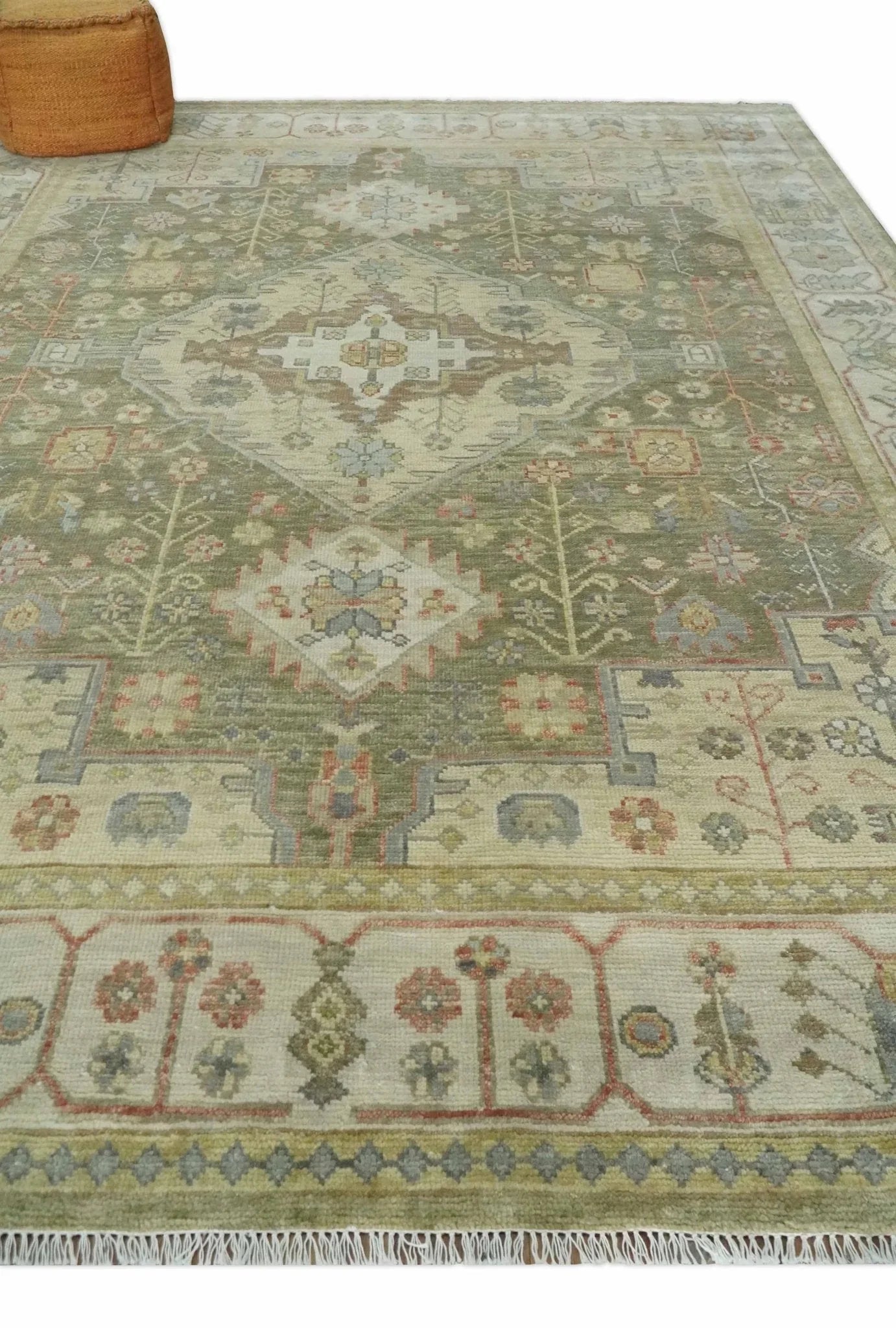 Antique Style Green, Ivory and Beige Hand knotted Heriz Serapi Multi Size wool Area Rug - The Mayfair Hall