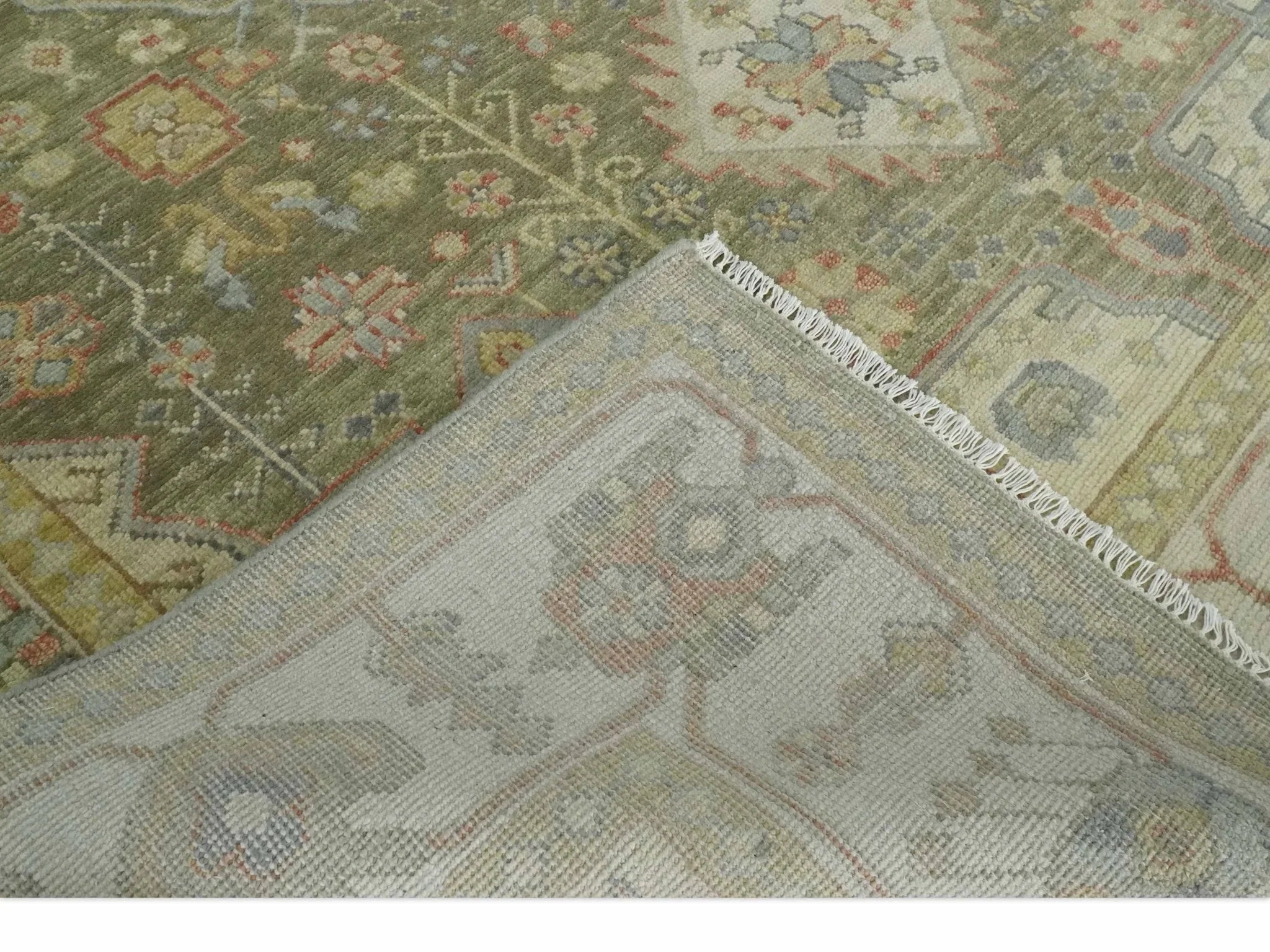 Antique Style Green, Ivory and Beige Hand knotted Heriz Serapi Multi Size wool Area Rug - The Mayfair Hall