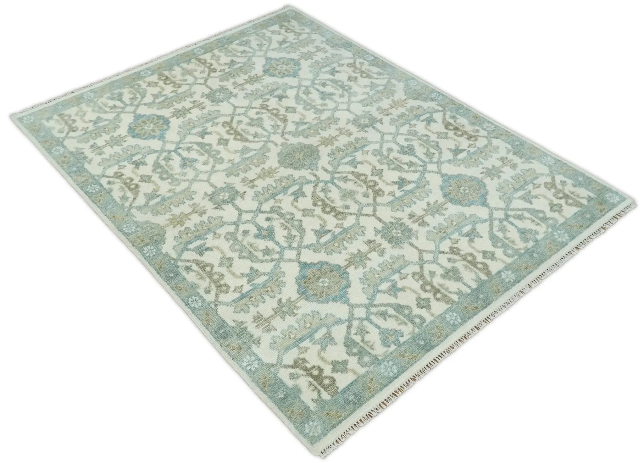 Ivory, Blue and Beige Hand knotted Traditional Large Design Multi Size wool Area Rug - The Mayfair Hall