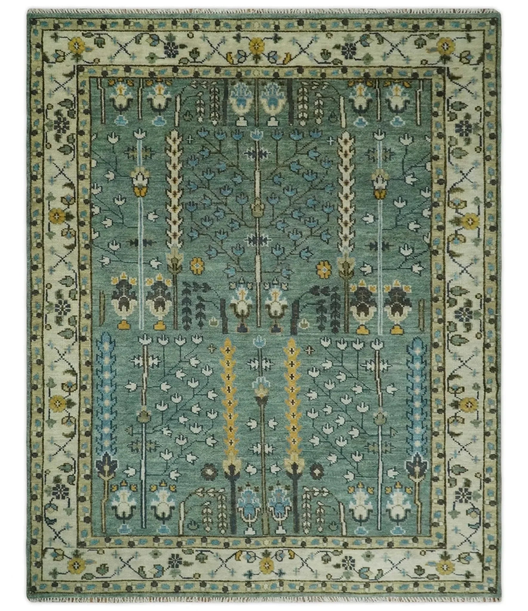 Hand Knotted Aqua Green and Ivory Traditional Turkish Vintage Style Multi Size Wool Area Rug - The Mayfair Hall