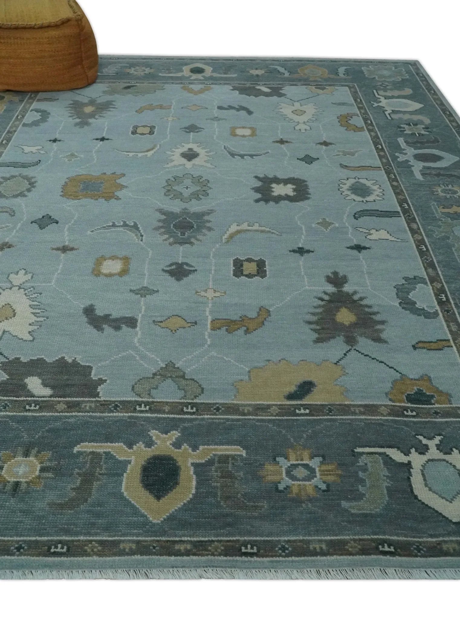 Bluish Gray and Aqua Hand knotted Oriental Oushak Custom Made wool Area Rug - The Mayfair Hall