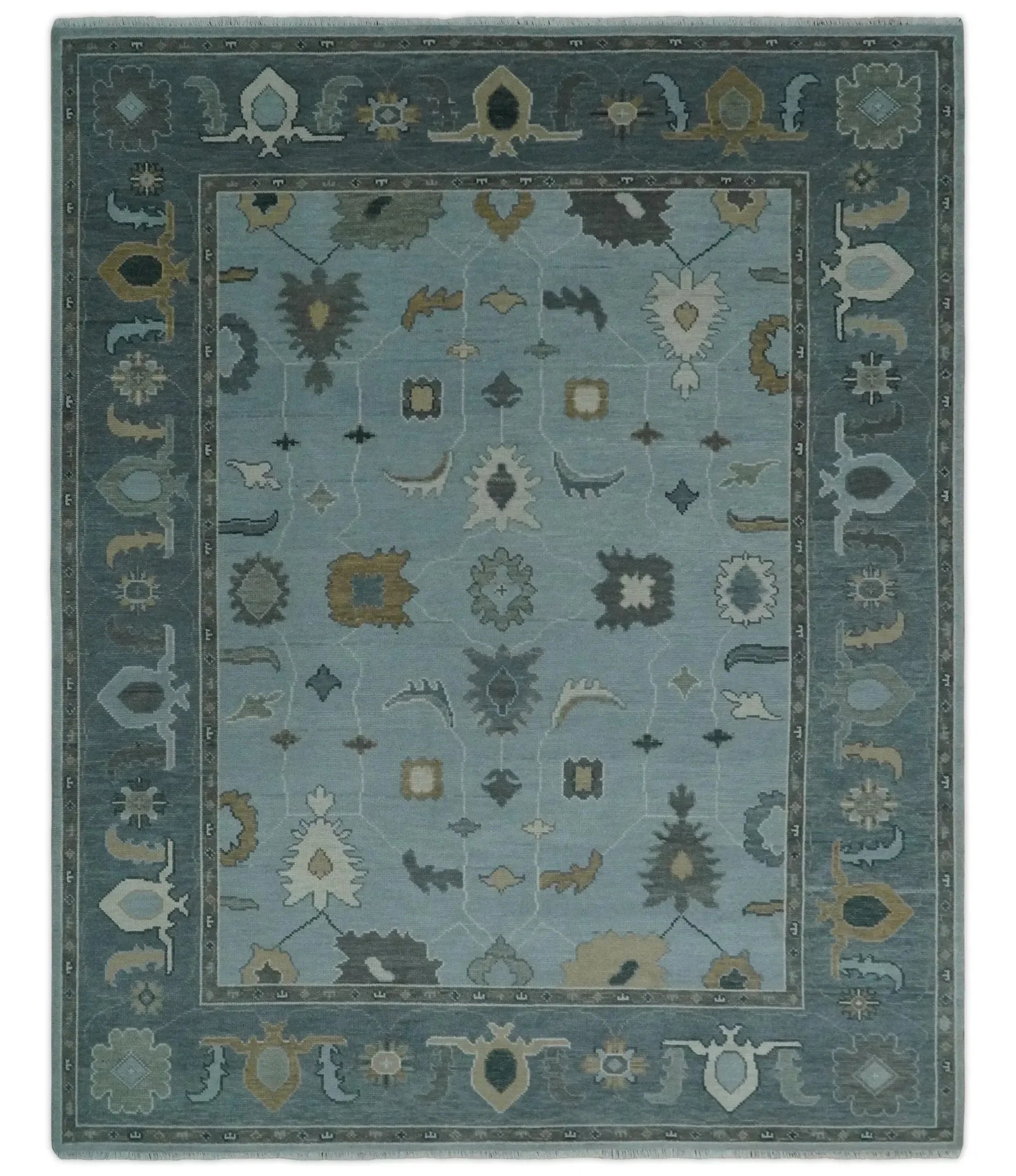 Bluish Gray and Aqua Hand knotted Oriental Oushak Custom Made wool Area Rug - The Mayfair Hall