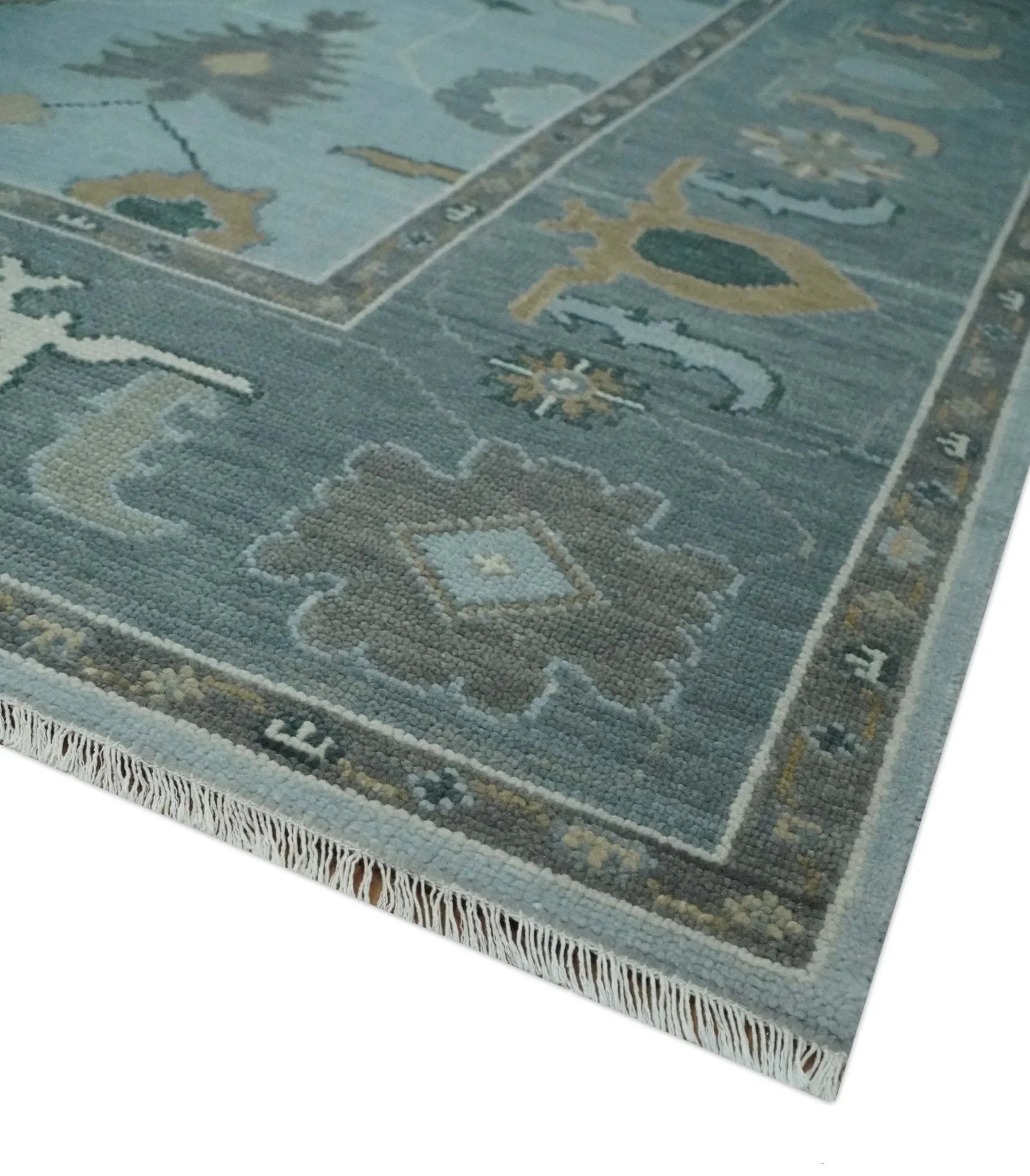 Bluish Gray and Aqua Hand knotted Oriental Oushak Custom Made wool Area Rug - The Mayfair Hall