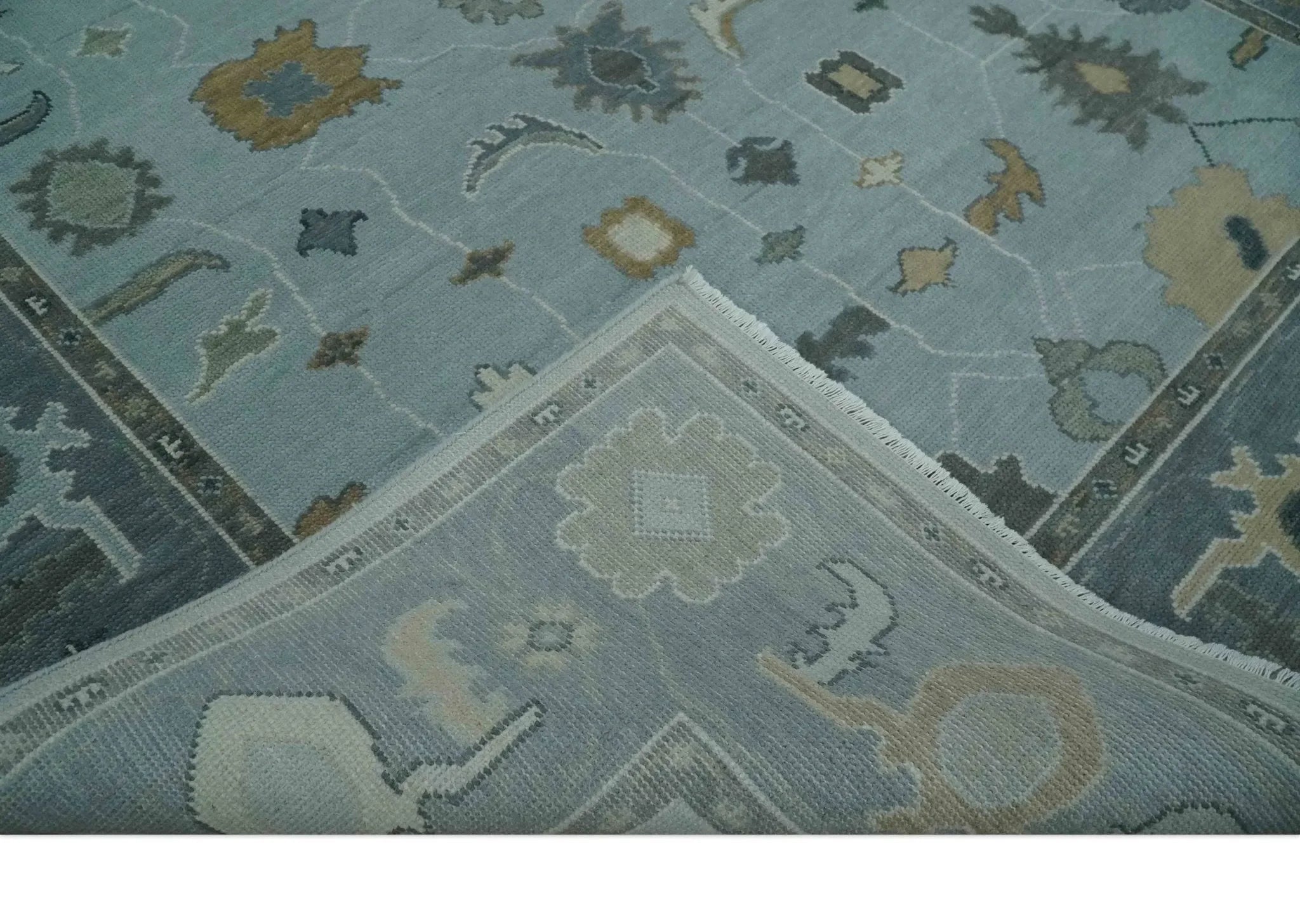 Bluish Gray and Aqua Hand knotted Oriental Oushak Custom Made wool Area Rug - The Mayfair Hall