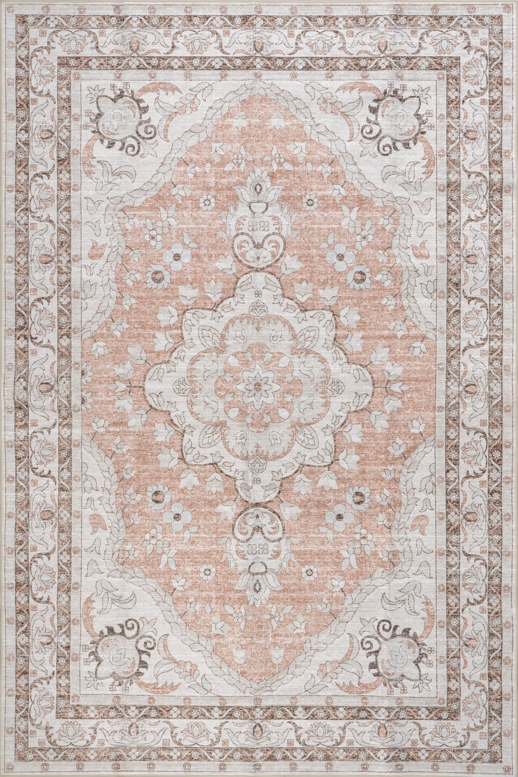 Isolated view of Peach Rectangle Faded Rosette Spill Proof Washable Rug, showcasing its design