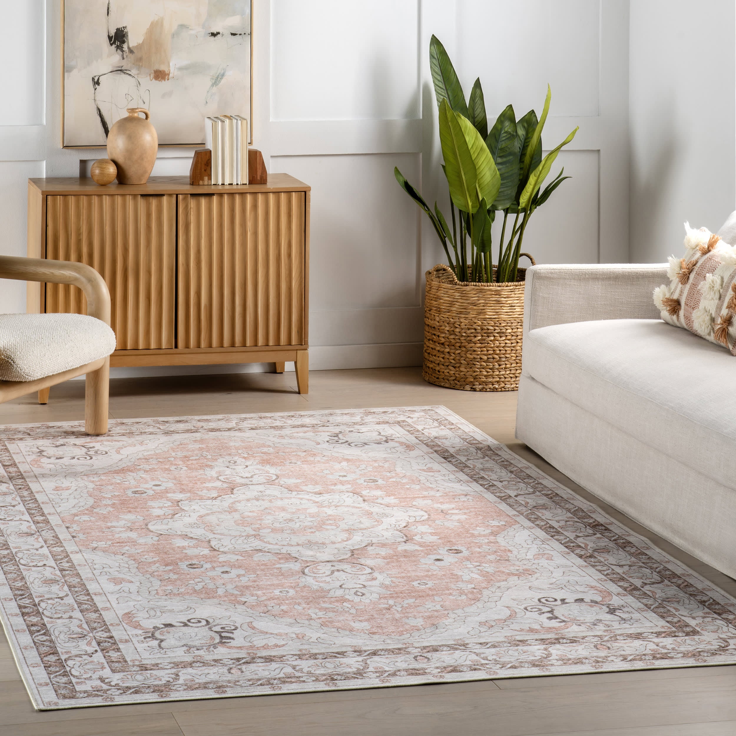 Faded Rosette Spill Proof Washable Rug | Peach