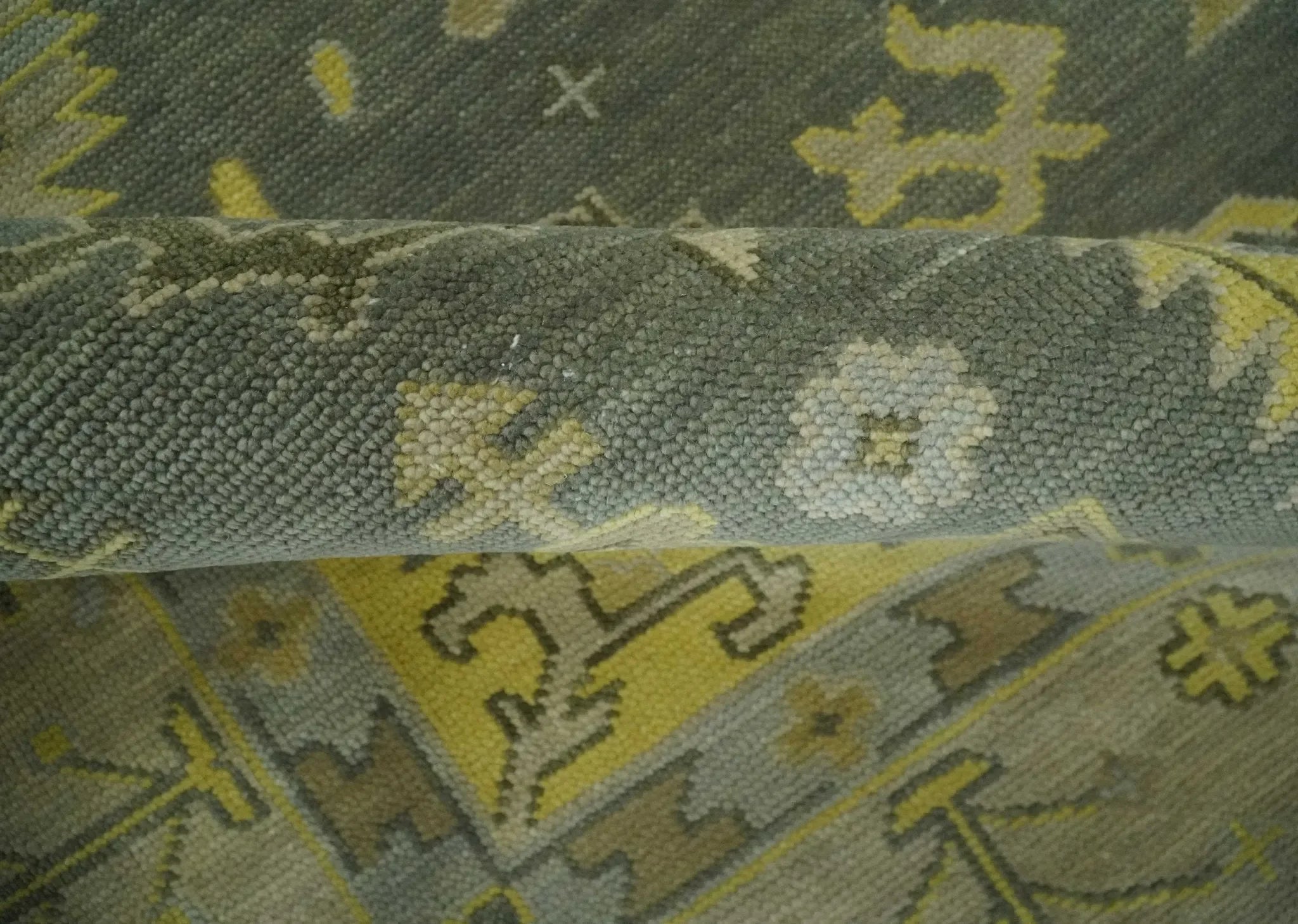 Charcoal, Olive and Mustard Hand knotted Oriental Oushak Custom Made wool Area Rug - The Mayfair Hall