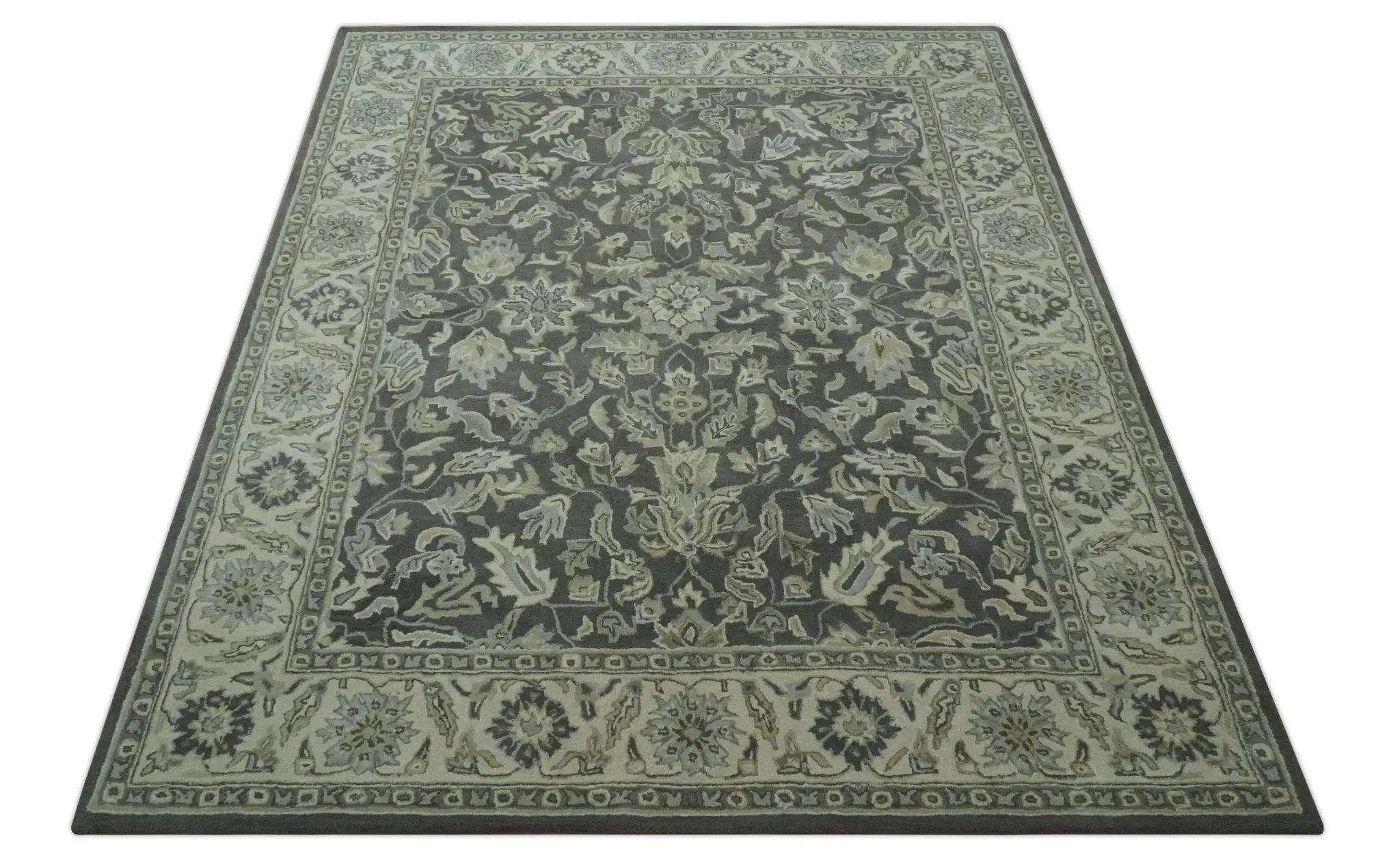 Custom Made Antique Design Charcoal and Beige Traditional Floral Hand Tufted rug - The Mayfair Hall