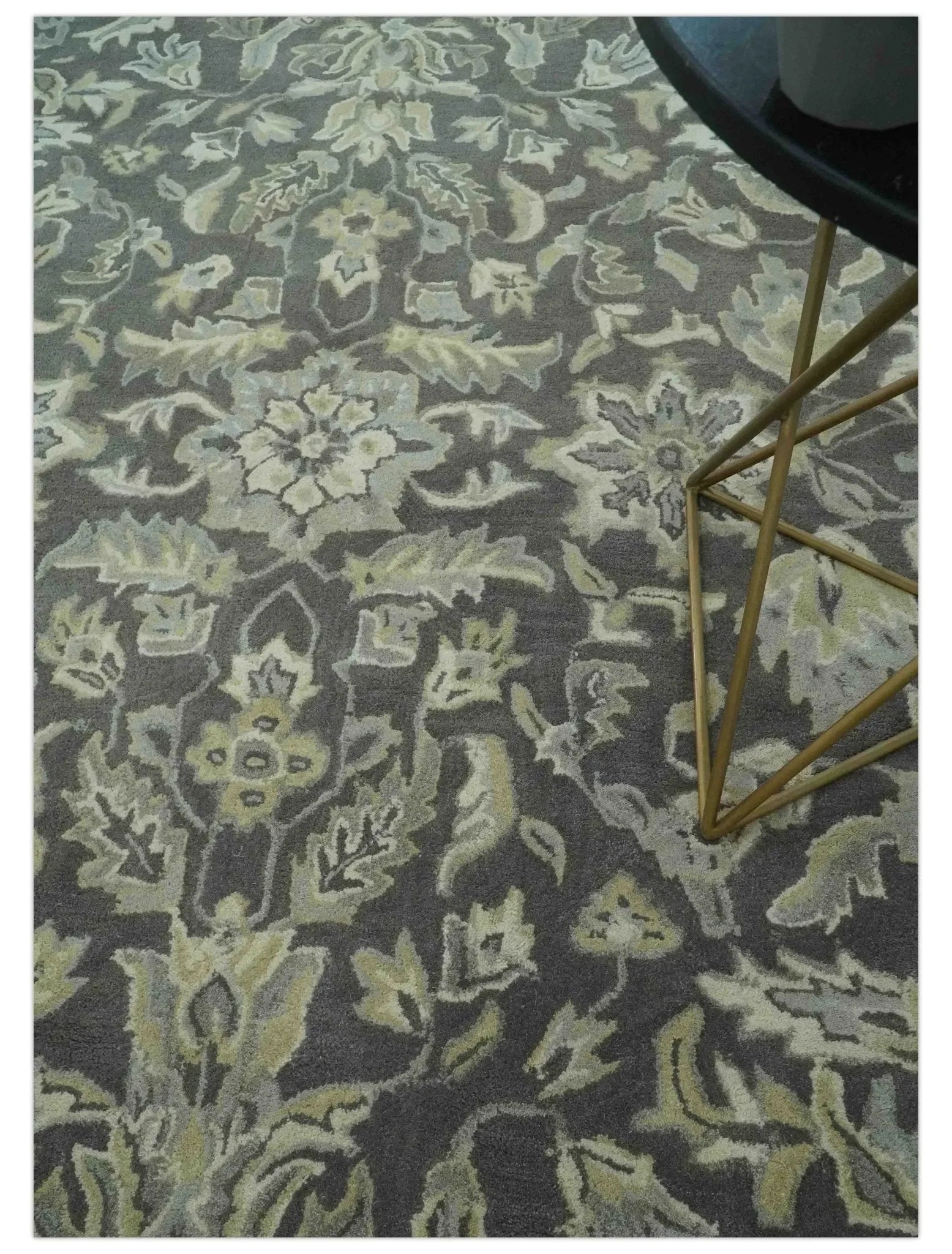 Custom Made Antique Design Charcoal and Beige Traditional Floral Hand Tufted rug - The Mayfair Hall