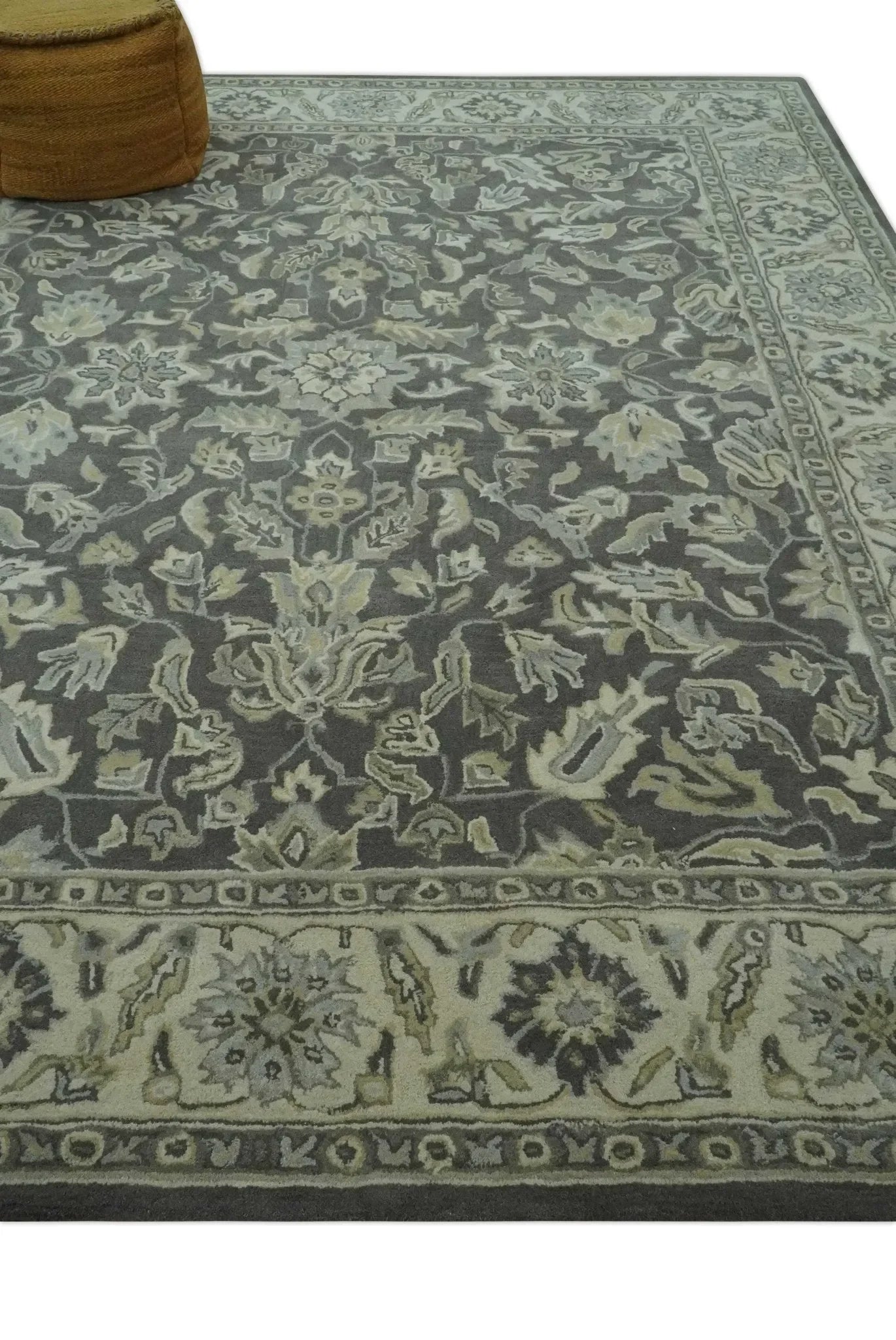Custom Made Antique Design Charcoal and Beige Traditional Floral Hand Tufted rug - The Mayfair Hall