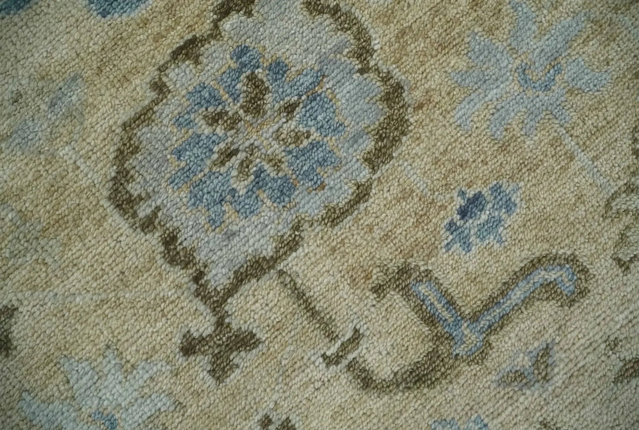 Custom Made Antique Style Beige and Blue Hand knotted Oushak wool Area Rug - The Mayfair Hall