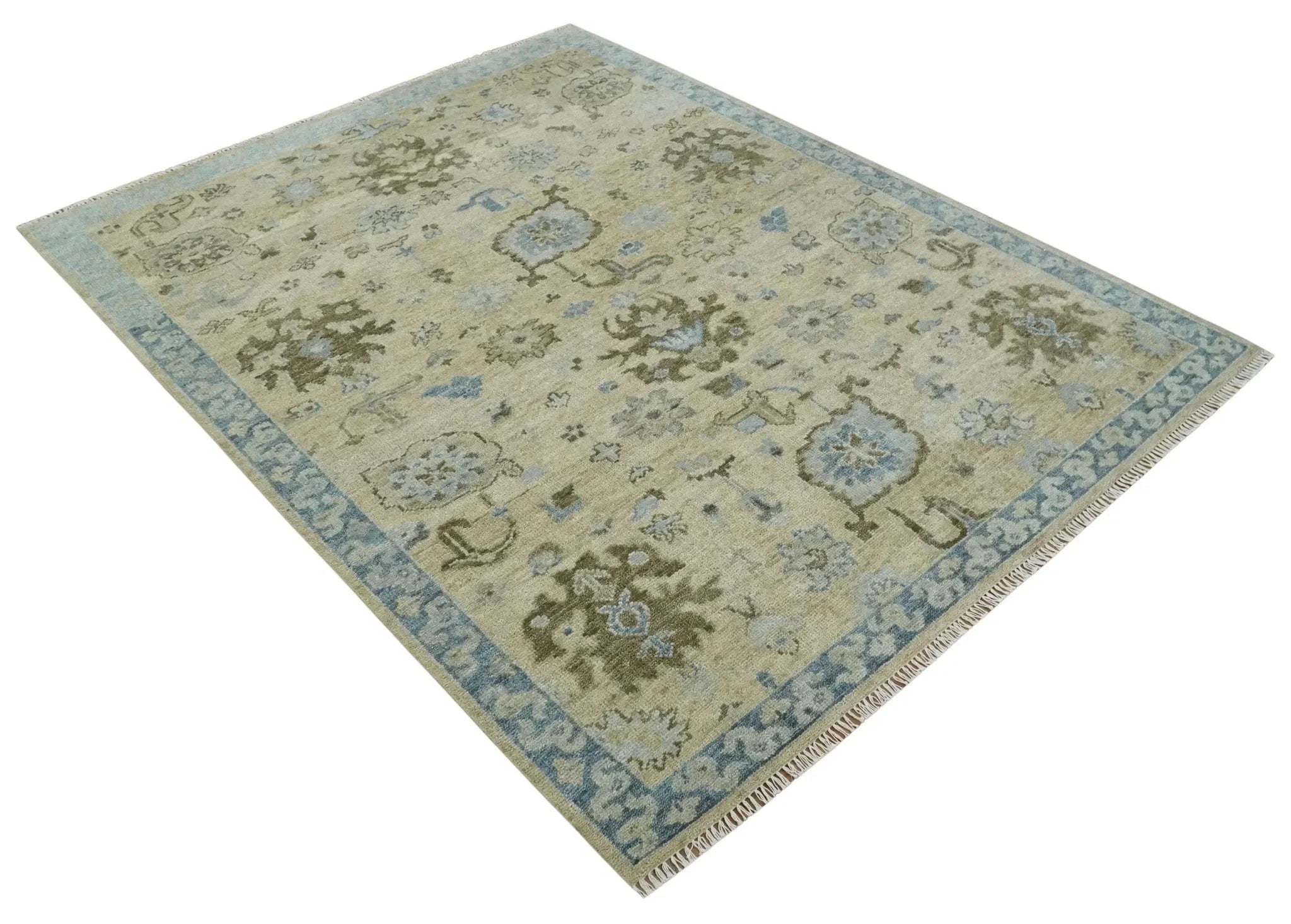 Custom Made Antique Style Beige and Blue Hand knotted Oushak wool Area Rug - The Mayfair Hall