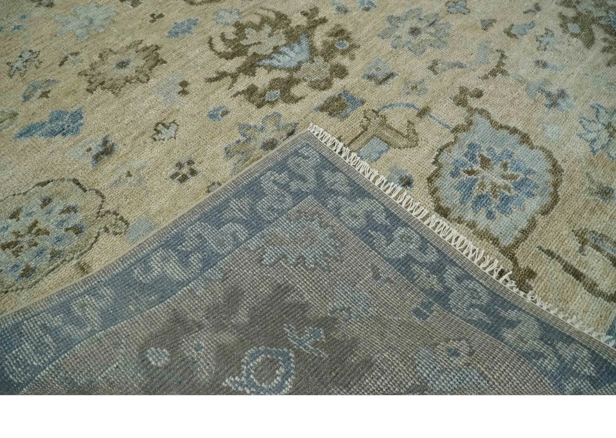 Custom Made Antique Style Beige and Blue Hand knotted Oushak wool Area Rug - The Mayfair Hall