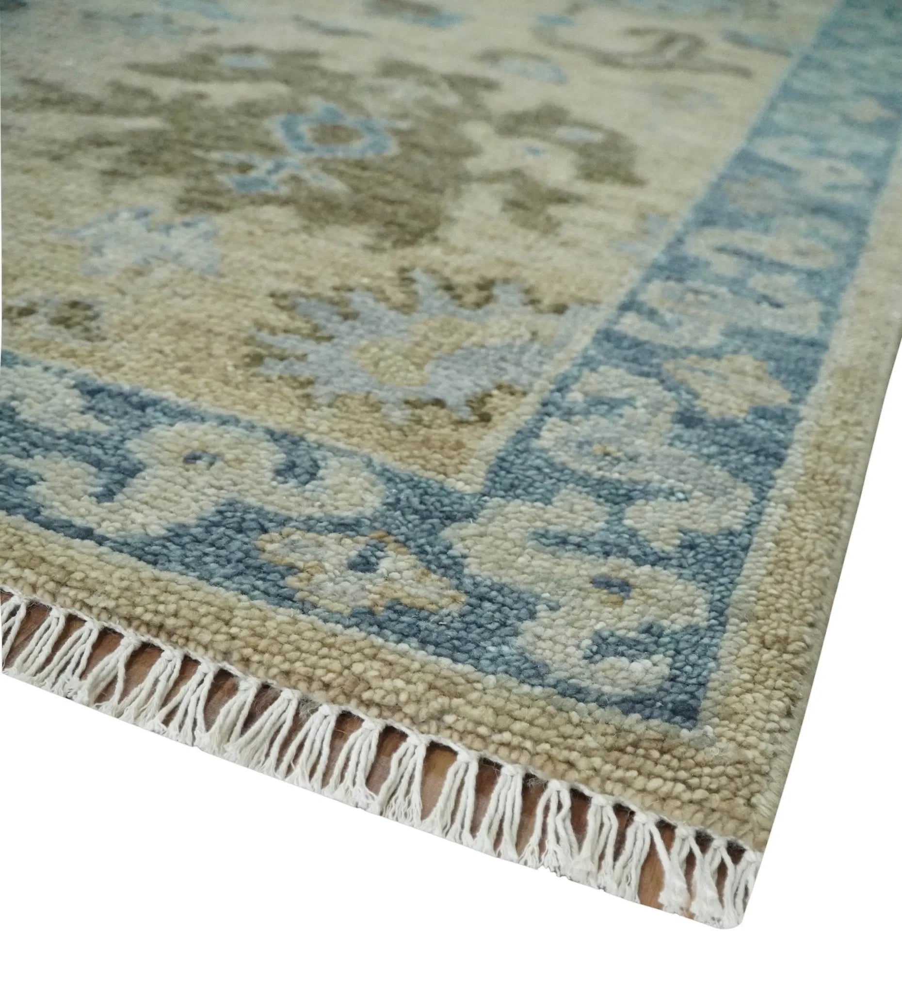 Custom Made Antique Style Beige and Blue Hand knotted Oushak wool Area Rug - The Mayfair Hall
