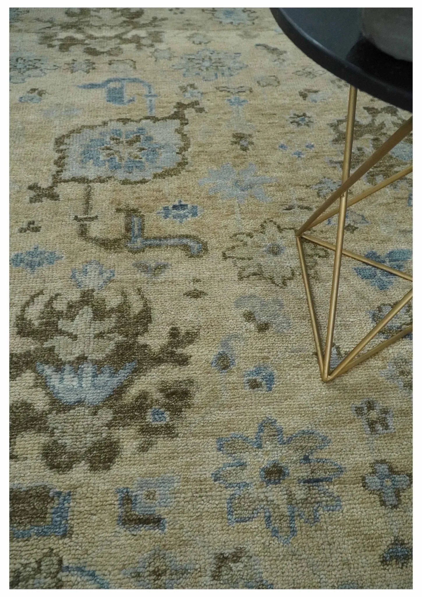 Custom Made Antique Style Beige and Blue Hand knotted Oushak wool Area Rug - The Mayfair Hall