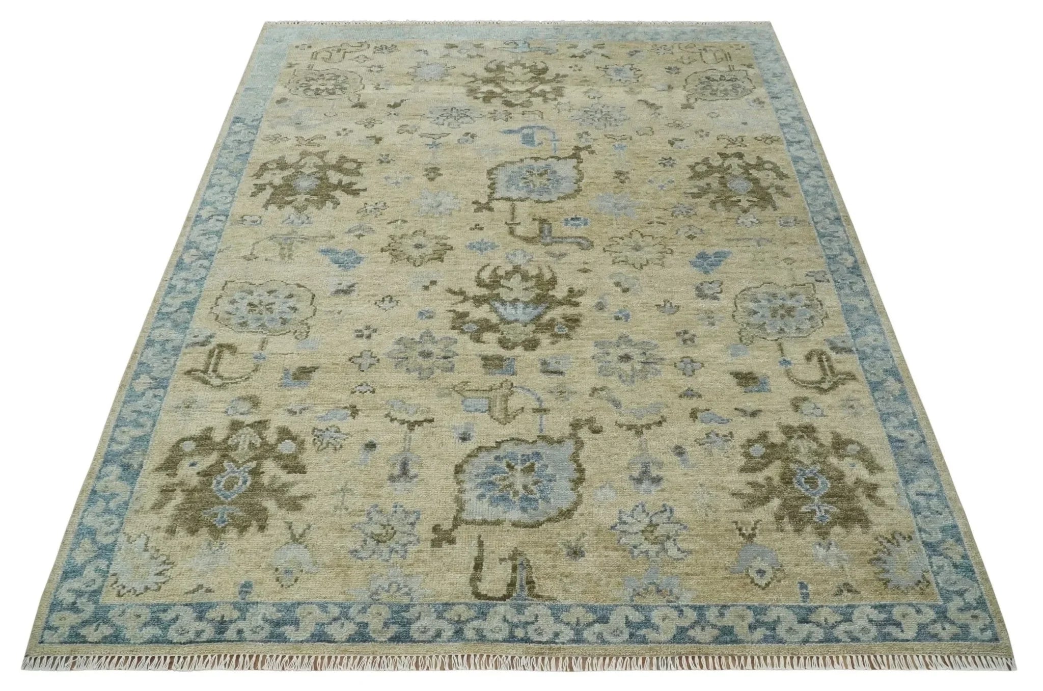 Custom Made Antique Style Beige and Blue Hand knotted Oushak wool Area Rug - The Mayfair Hall