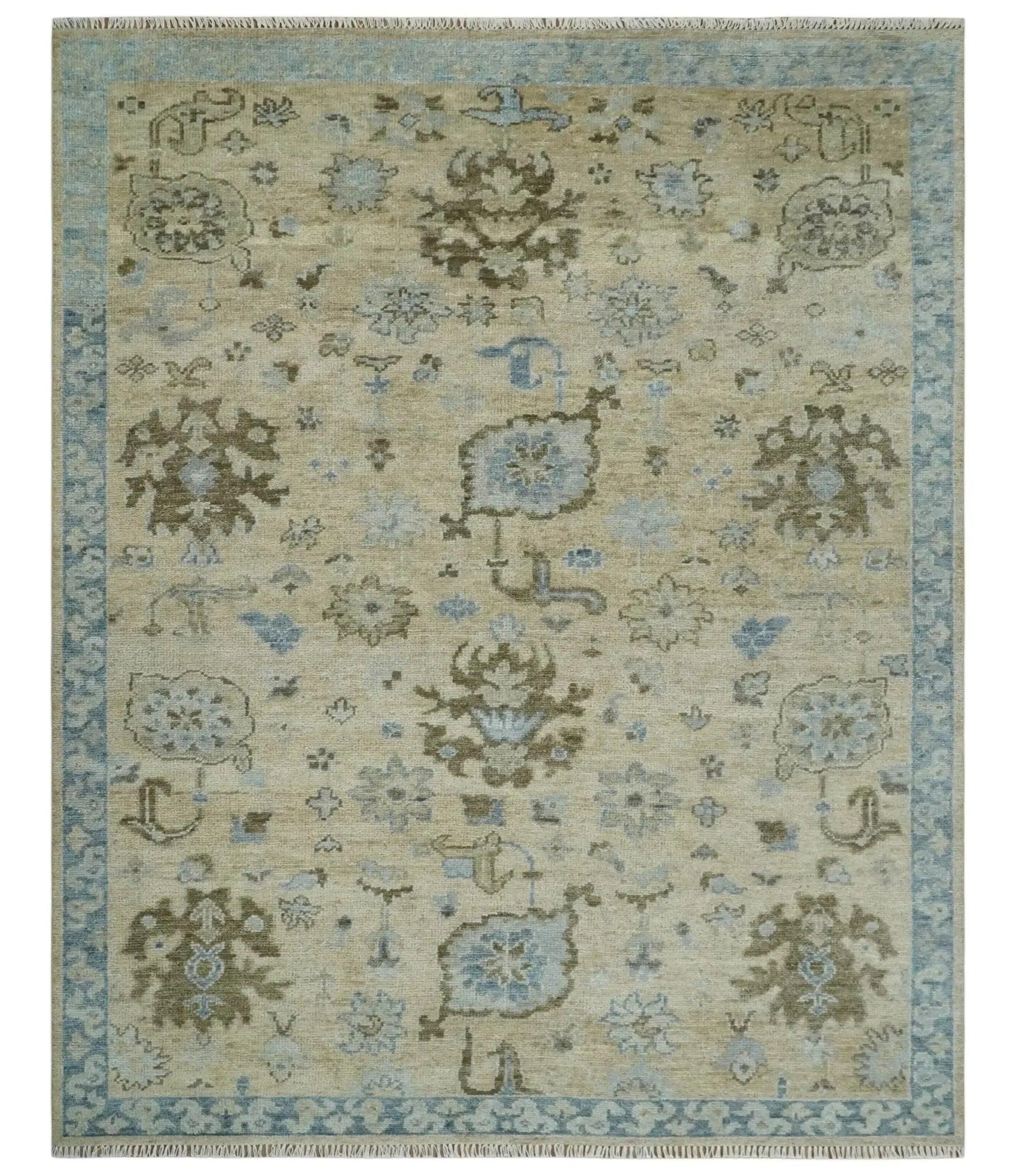 Custom Made Antique Style Beige and Blue Hand knotted Oushak wool Area Rug - The Mayfair Hall