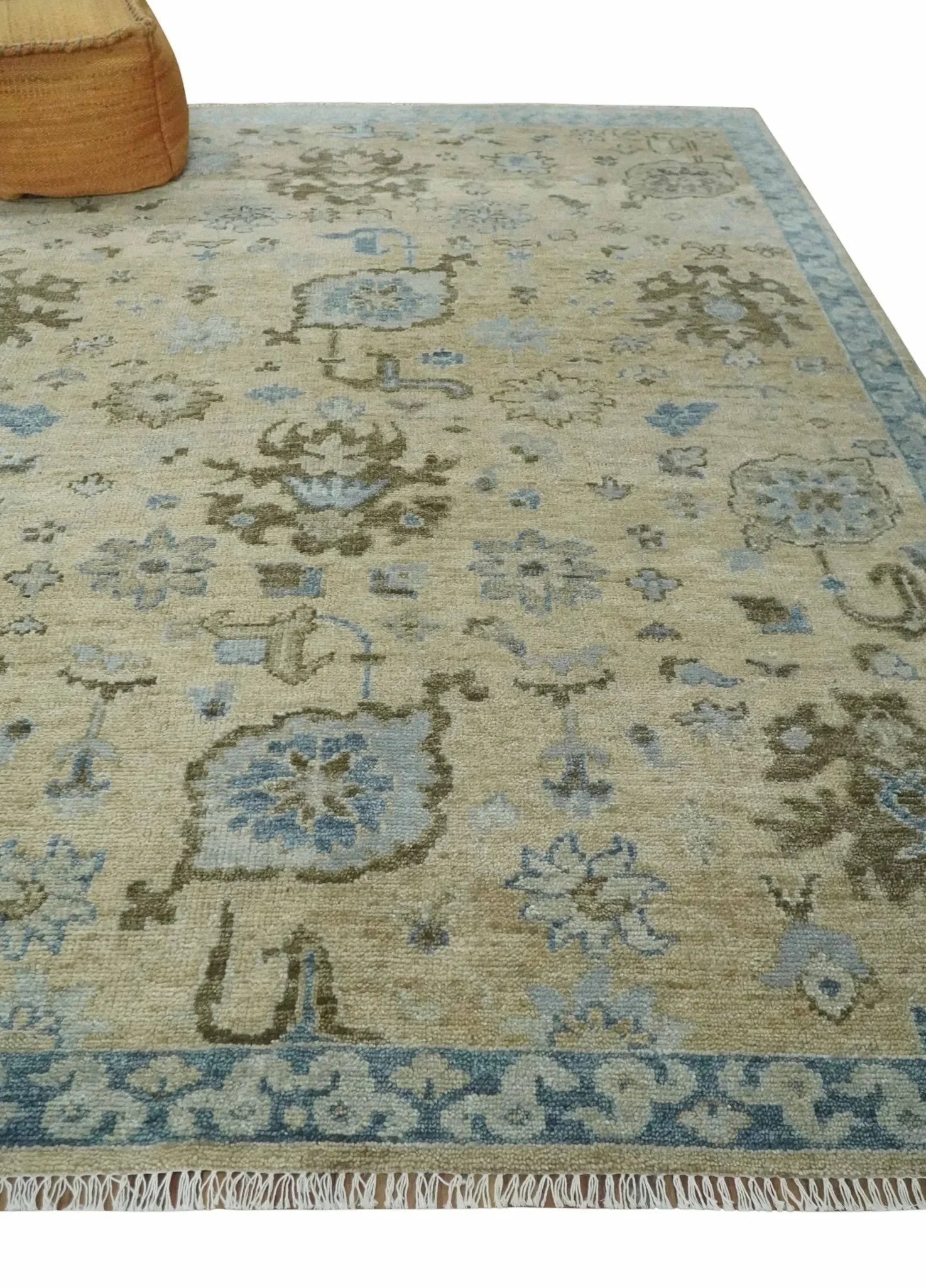 Custom Made Antique Style Beige and Blue Hand knotted Oushak wool Area Rug - The Mayfair Hall