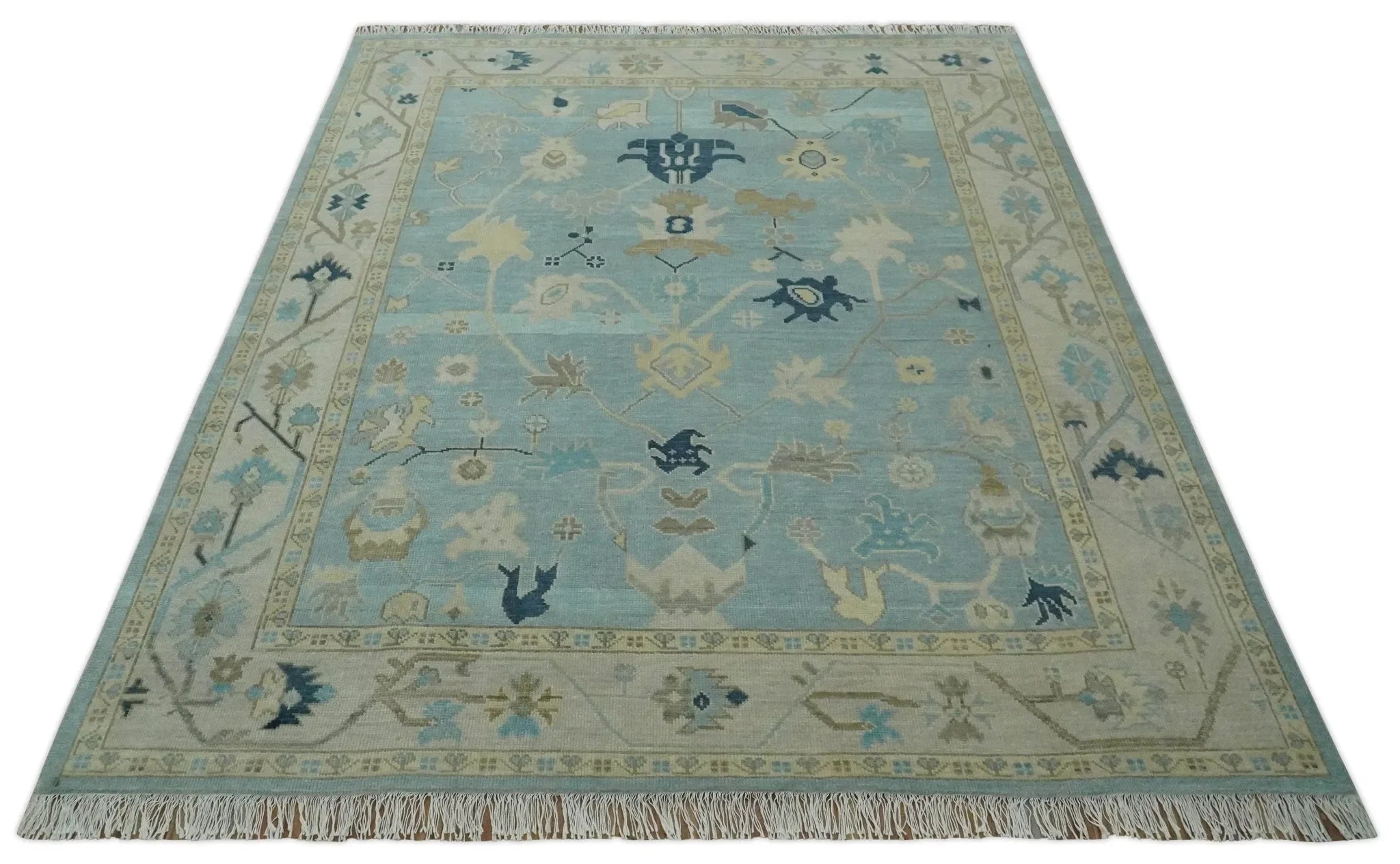 Custom Made Aqua, Ivory and Beige Hand knotted Oriental Oushak wool Area Rug - The Mayfair Hall