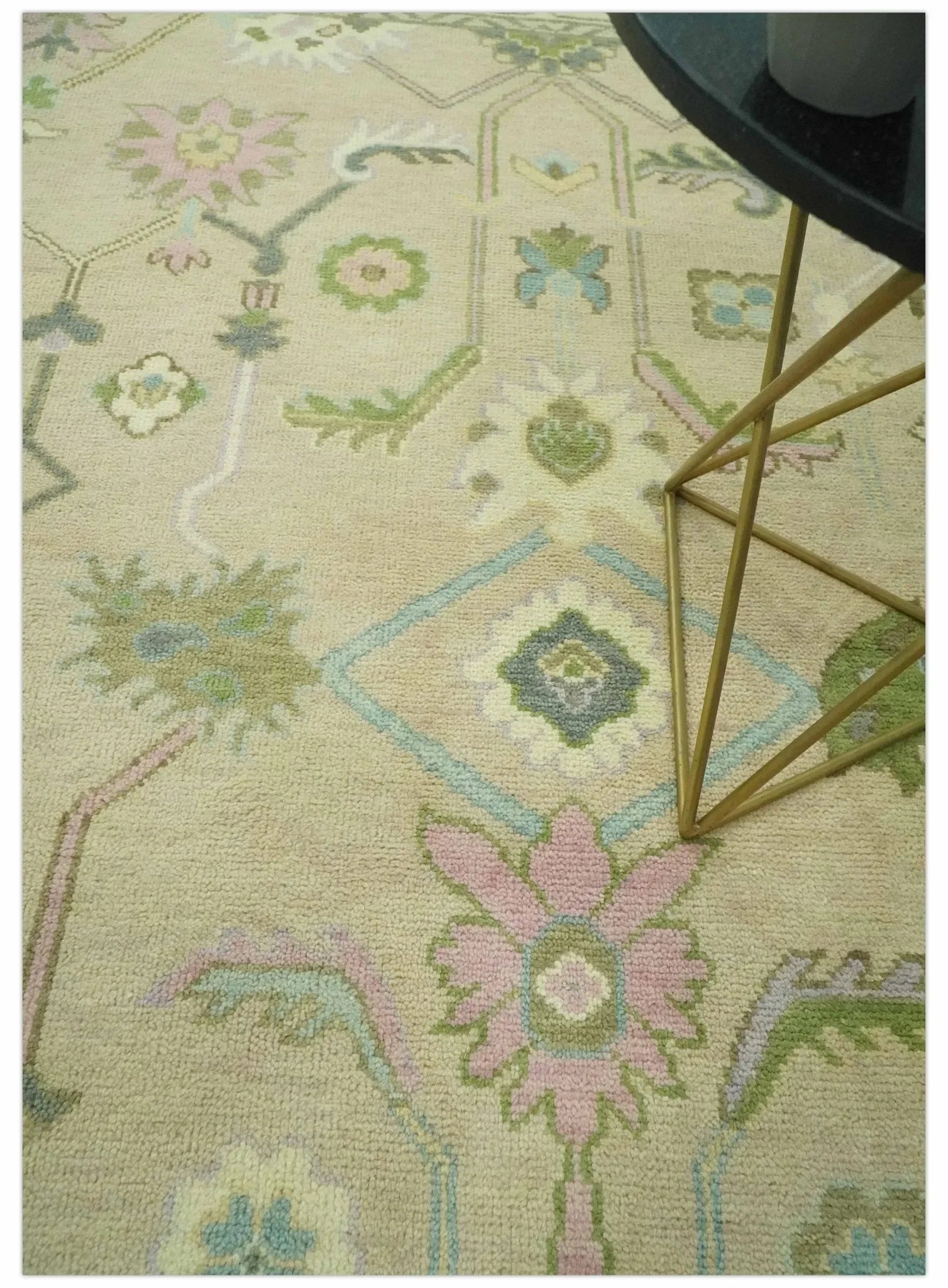 Custom Made Beige and Green Hand Knotted Traditional Oriental Oushak wool area rug - The Mayfair Hall