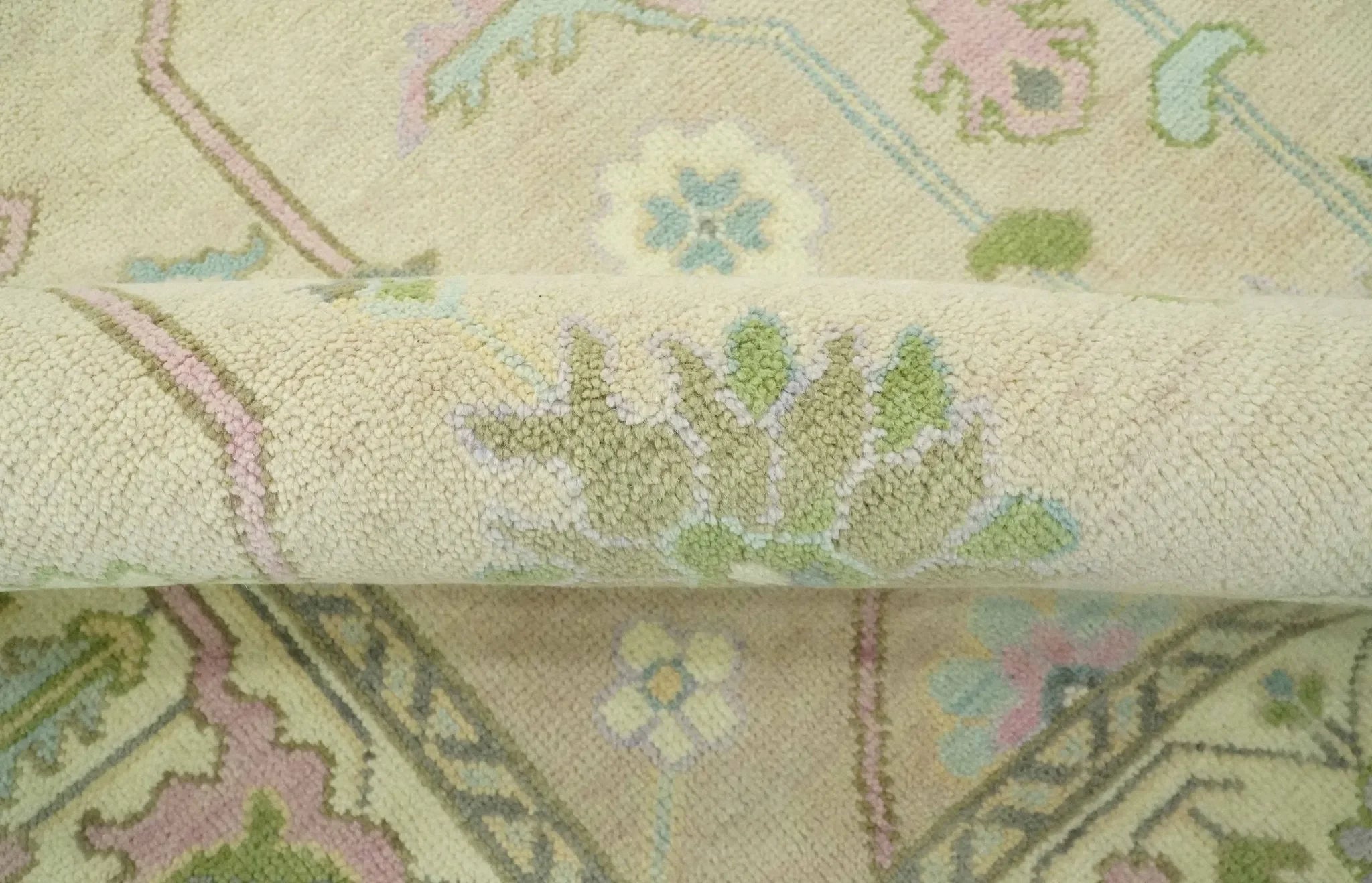 Custom Made Beige and Green Hand Knotted Traditional Oriental Oushak wool area rug - The Mayfair Hall