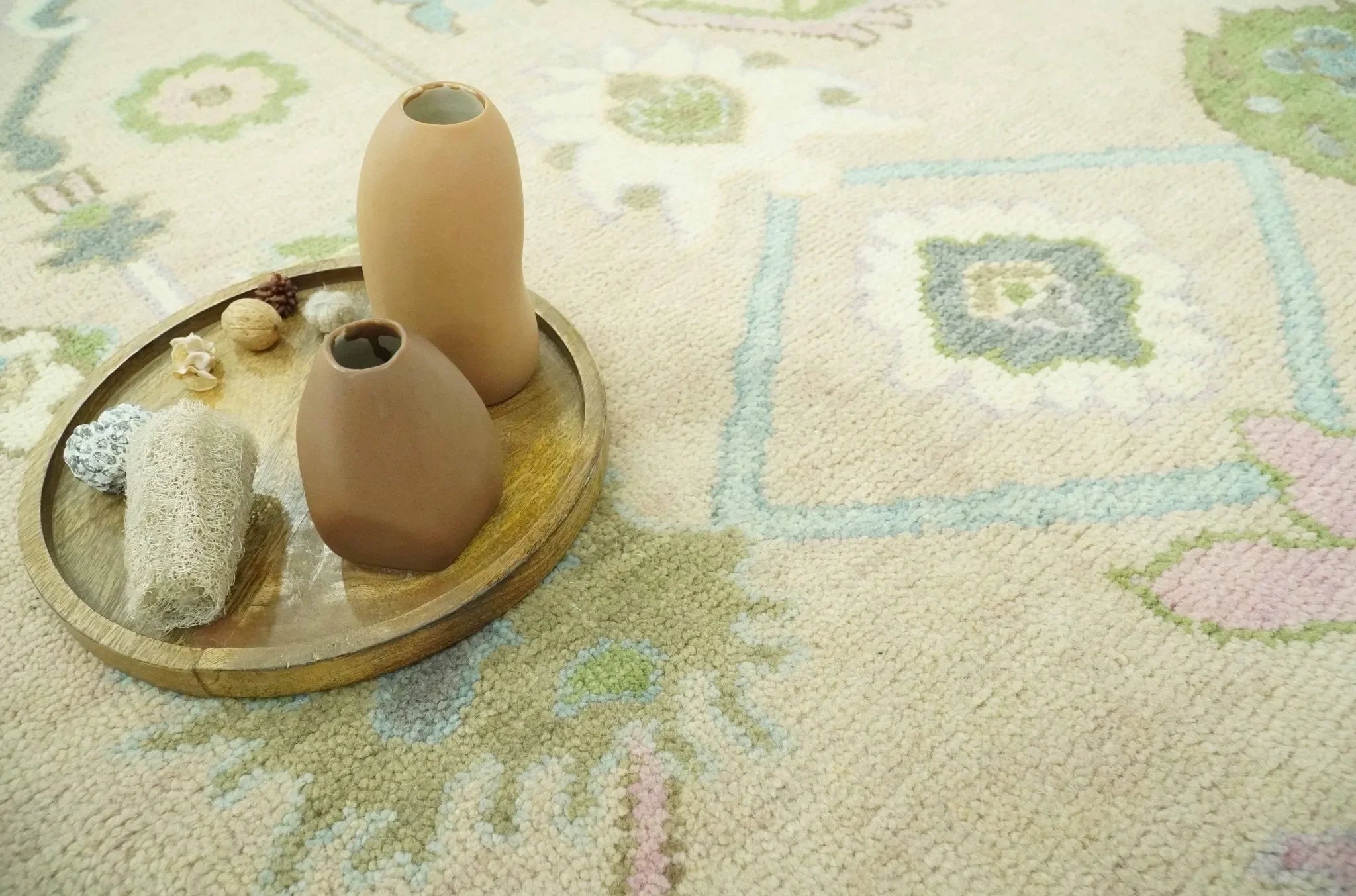 Custom Made Beige and Green Hand Knotted Traditional Oriental Oushak wool area rug - The Mayfair Hall