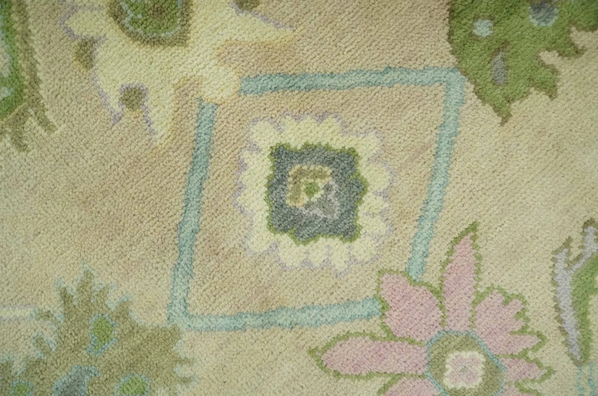 Custom Made Beige and Green Hand Knotted Traditional Oriental Oushak wool area rug - The Mayfair Hall