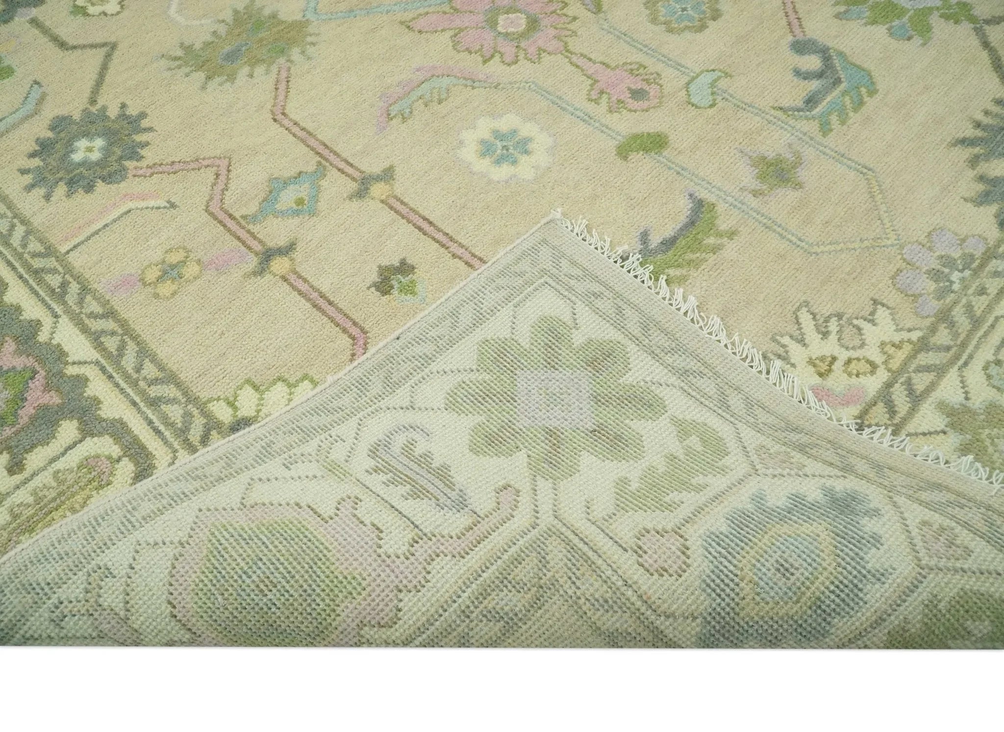 Custom Made Beige and Green Hand Knotted Traditional Oriental Oushak wool area rug - The Mayfair Hall