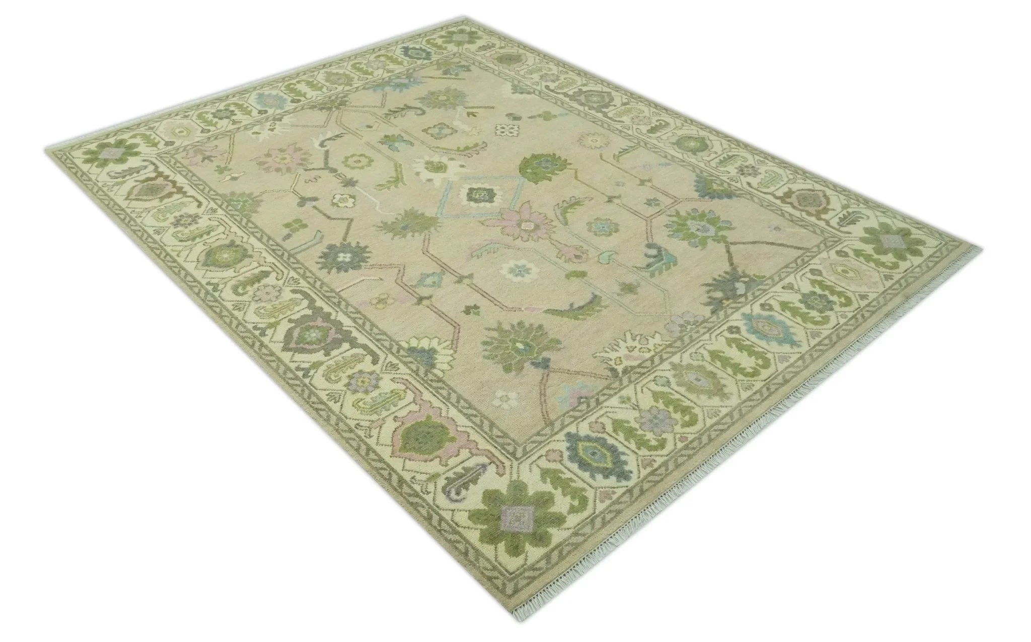 Custom Made Beige and Green Hand Knotted Traditional Oriental Oushak wool area rug - The Mayfair Hall