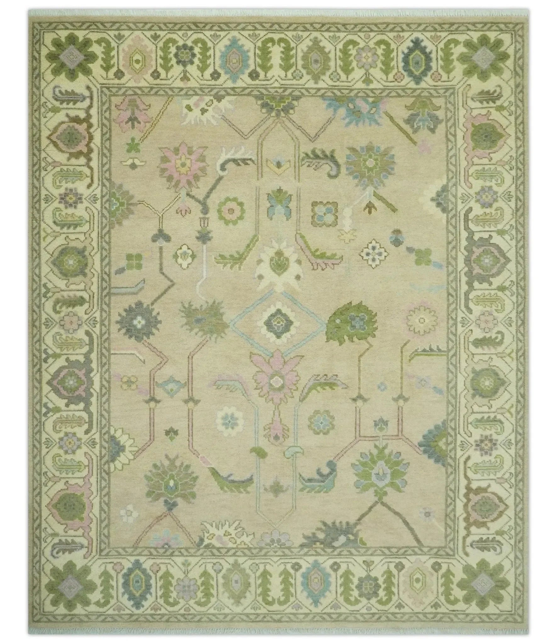 Custom Made Beige and Green Hand Knotted Traditional Oriental Oushak wool area rug - The Mayfair Hall