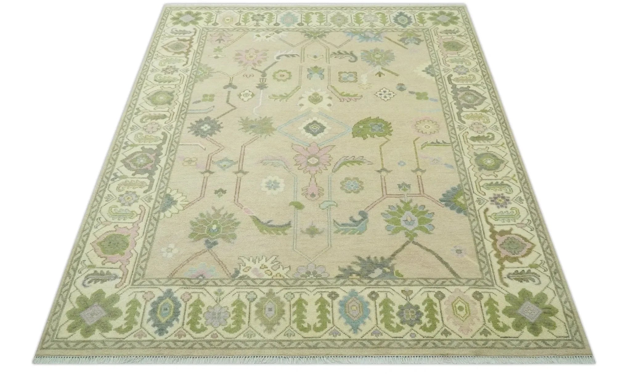 Custom Made Beige and Green Hand Knotted Traditional Oriental Oushak wool area rug - The Mayfair Hall