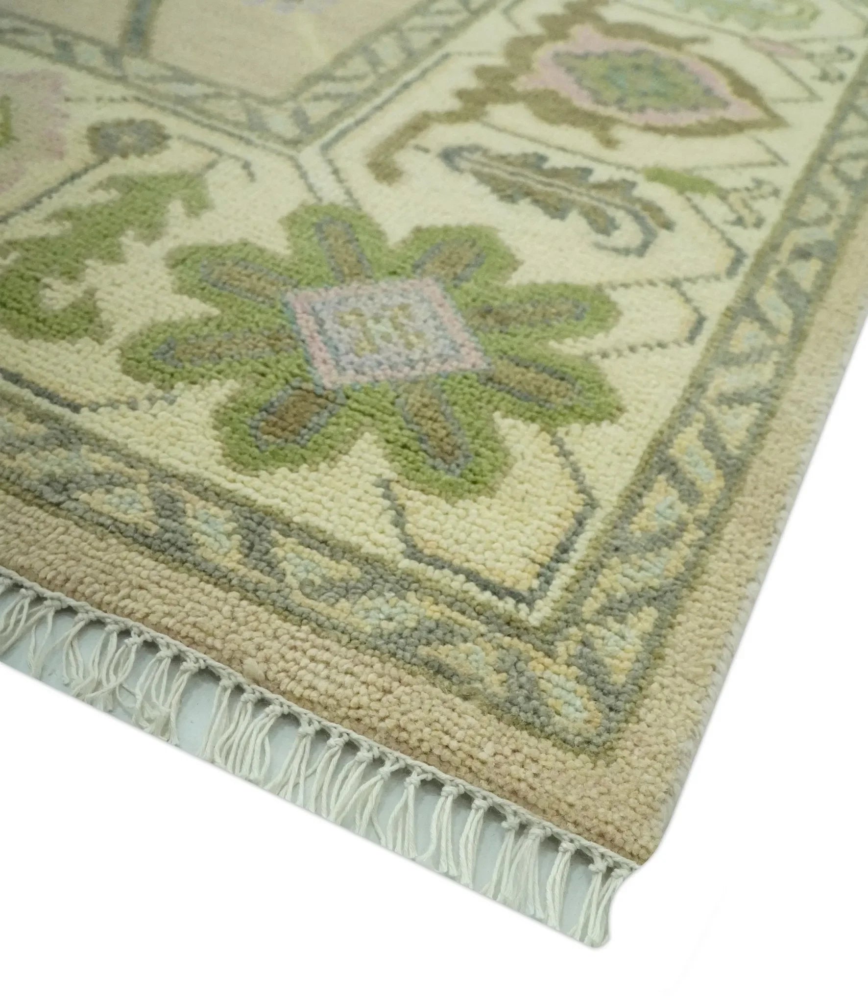 Custom Made Beige and Green Hand Knotted Traditional Oriental Oushak wool area rug - The Mayfair Hall