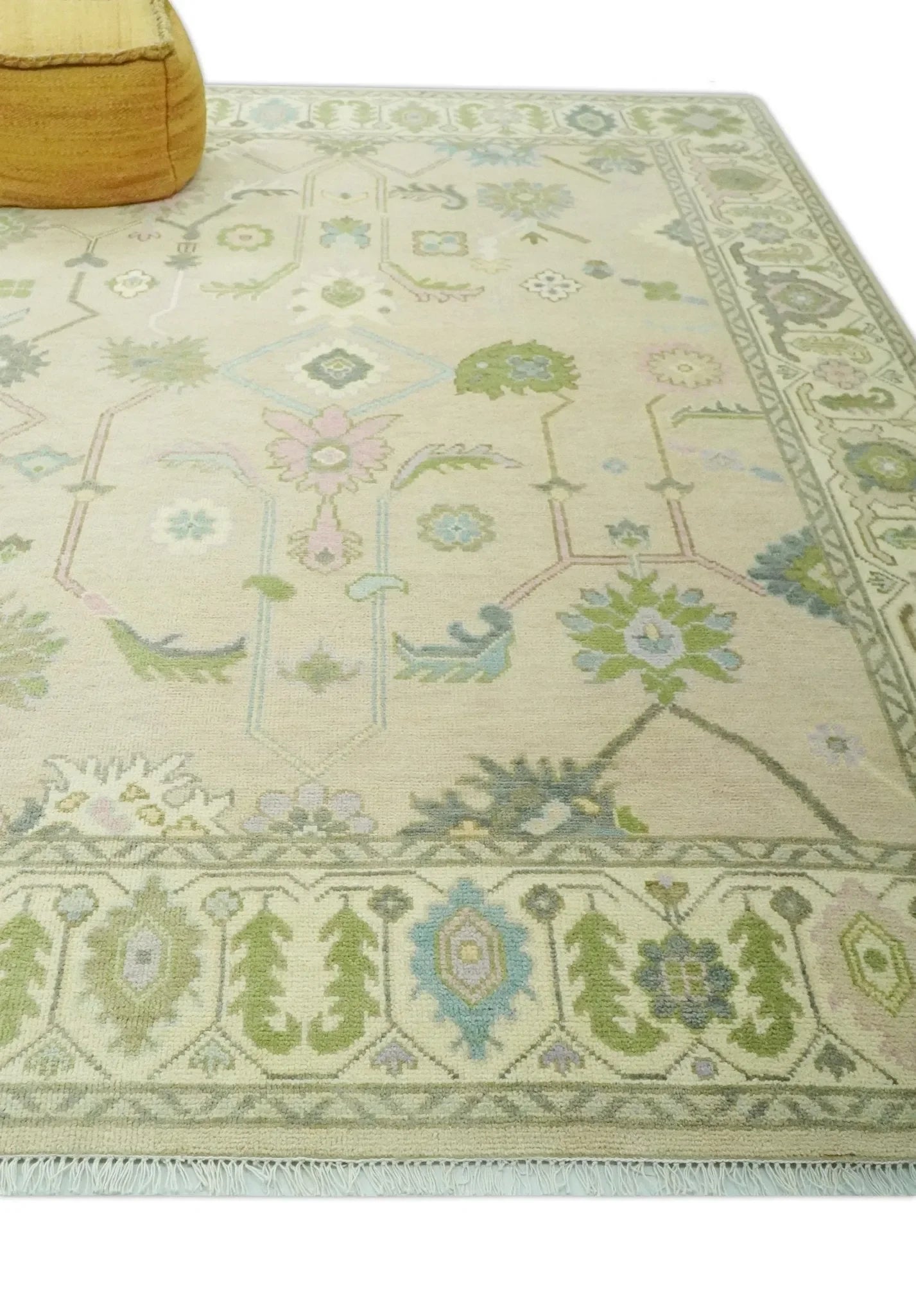 Custom Made Beige and Green Hand Knotted Traditional Oriental Oushak wool area rug - The Mayfair Hall