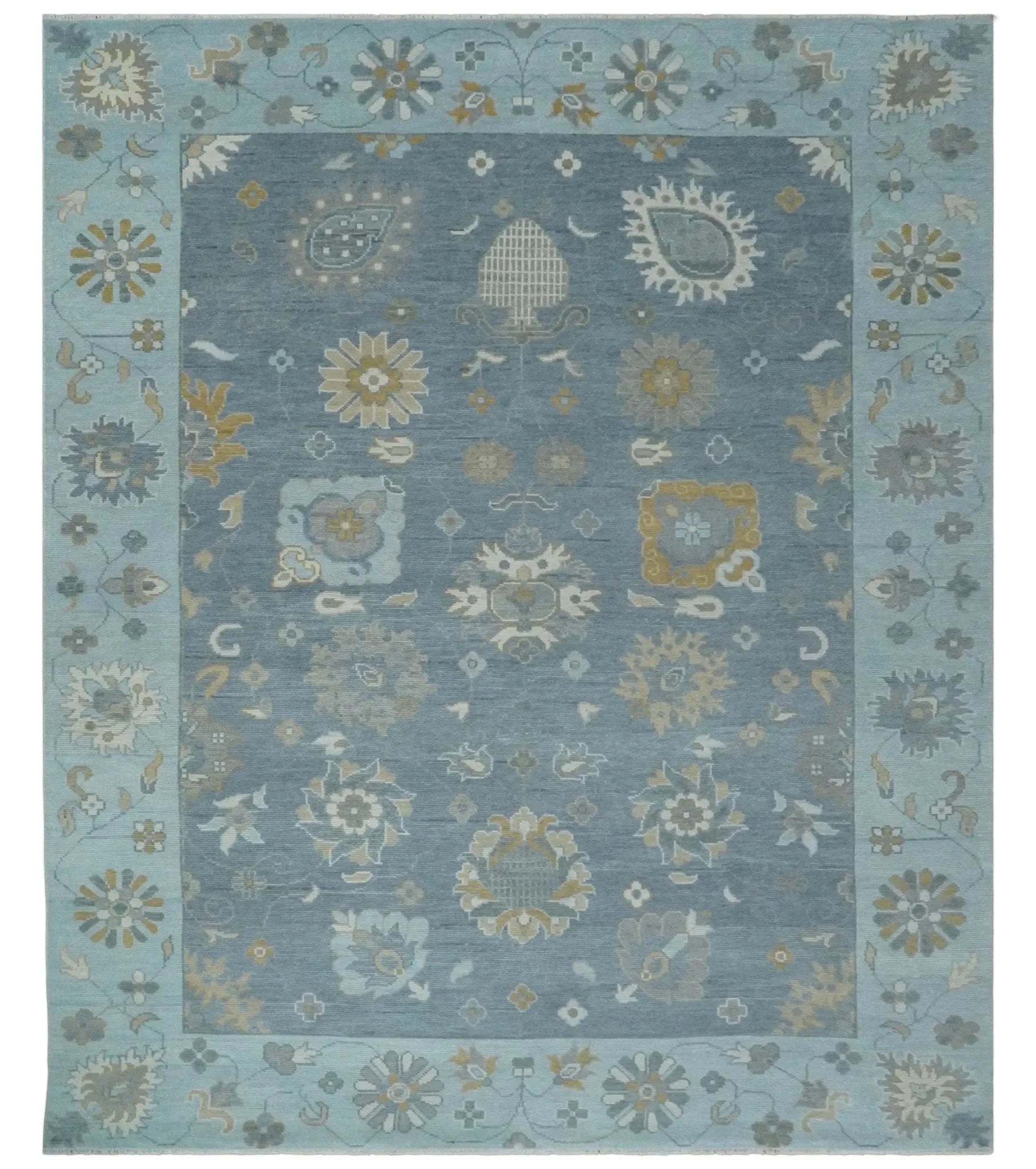 Custom Made Blue and Aqua Hand Knotted Traditional Oushak Wool Area Rug - The Mayfair Hall