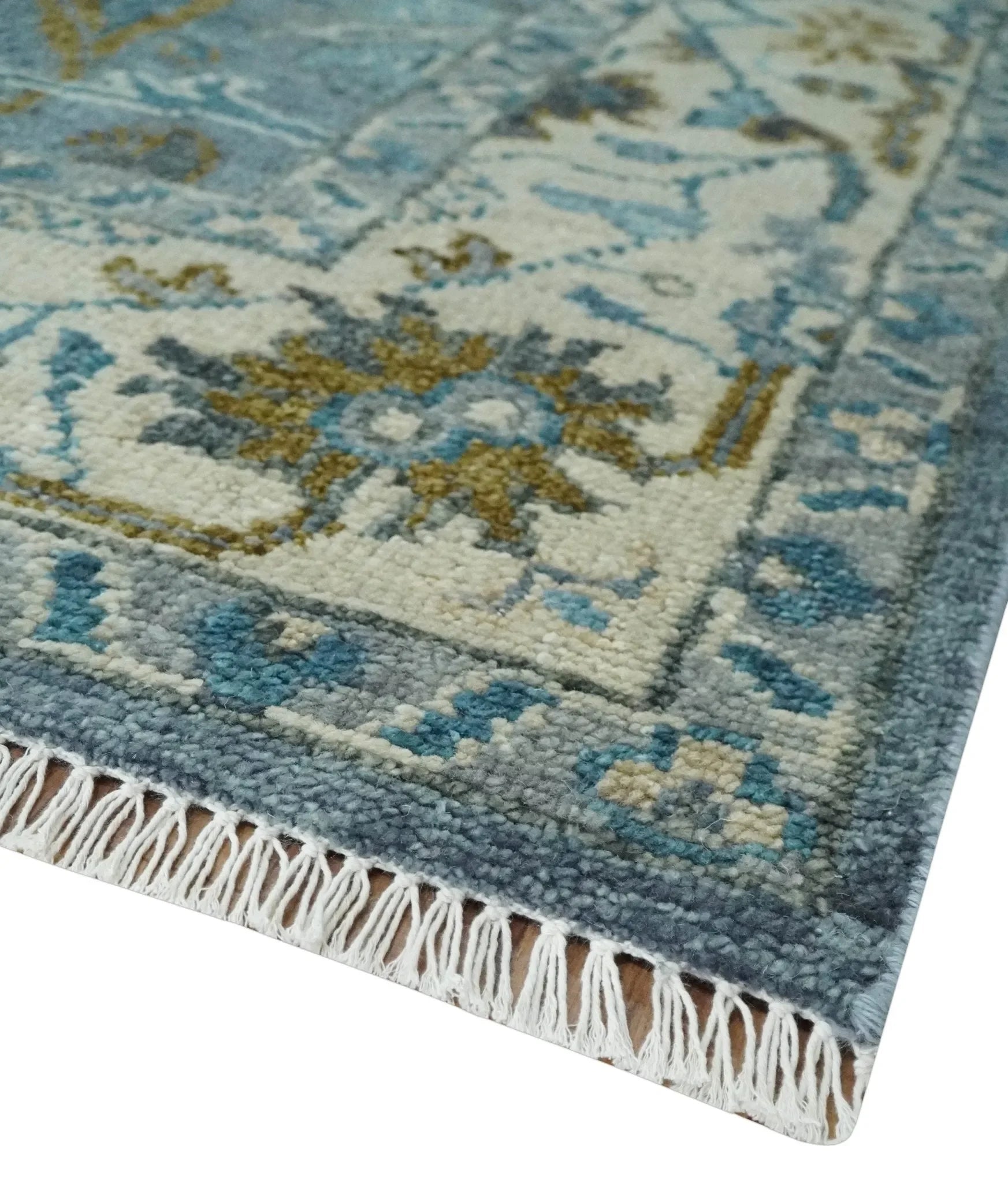 Custom Made Blue and Ivory Antique Style Hand knotted Oriental Oushak wool Area Rug - The Mayfair Hall