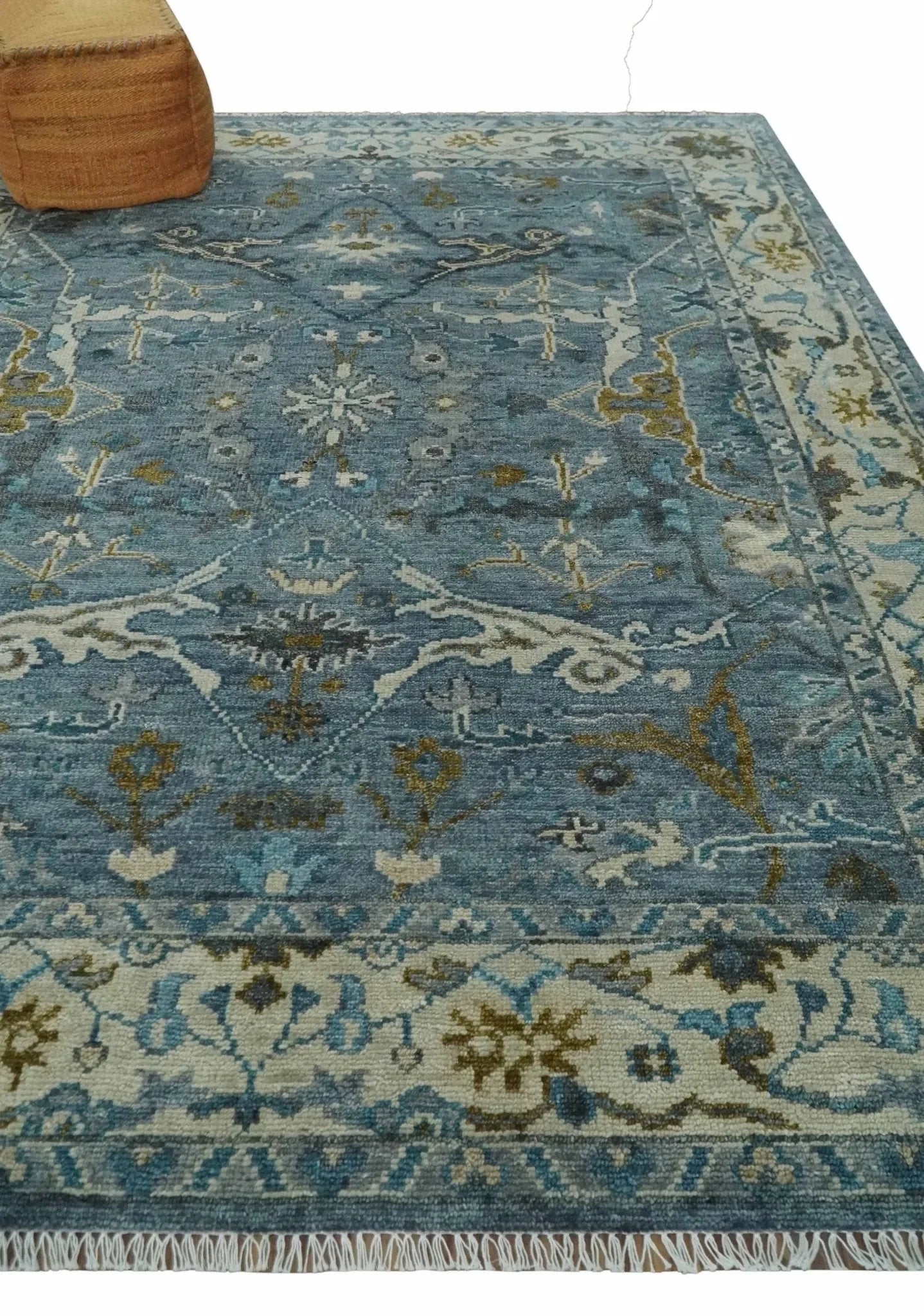 Custom Made Blue and Ivory Antique Style Hand knotted Oriental Oushak wool Area Rug - The Mayfair Hall