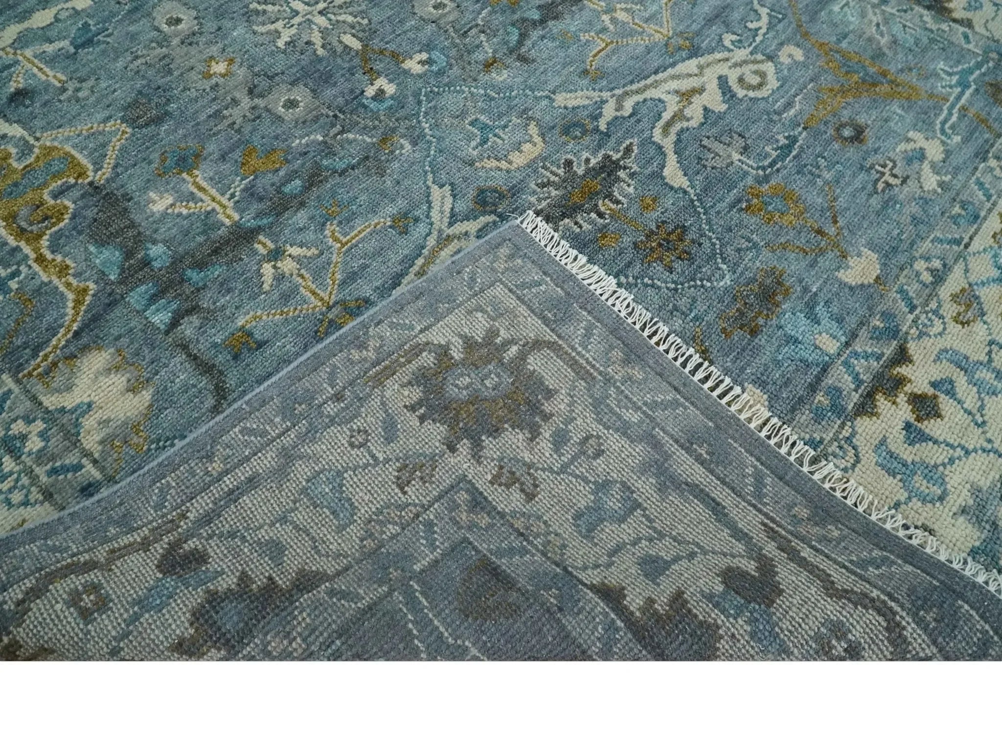 Custom Made Blue and Ivory Antique Style Hand knotted Oriental Oushak wool Area Rug - The Mayfair Hall