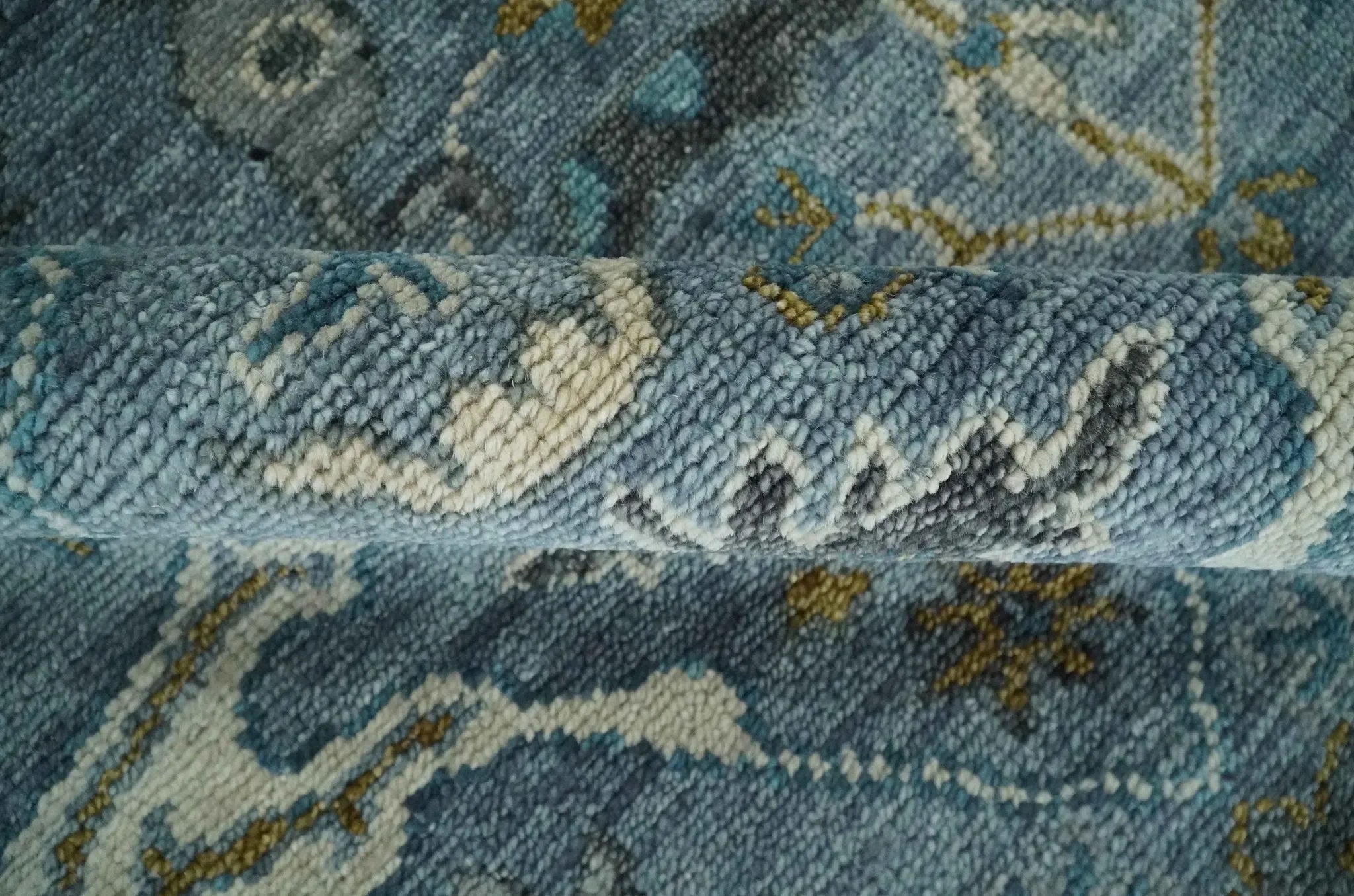 Custom Made Blue and Ivory Antique Style Hand knotted Oriental Oushak wool Area Rug - The Mayfair Hall