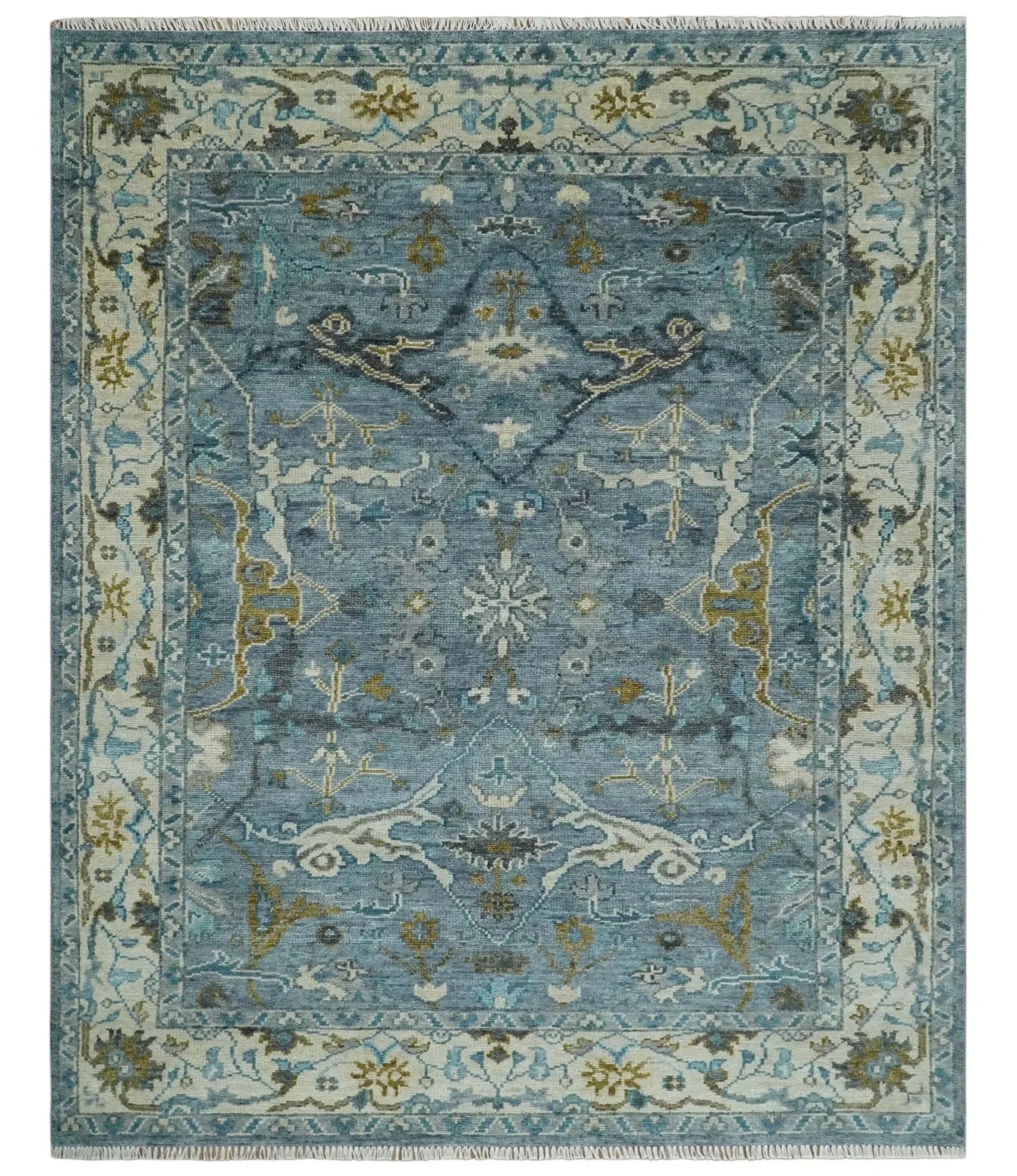 Custom Made Blue and Ivory Antique Style Hand knotted Oriental Oushak wool Area Rug - The Mayfair Hall