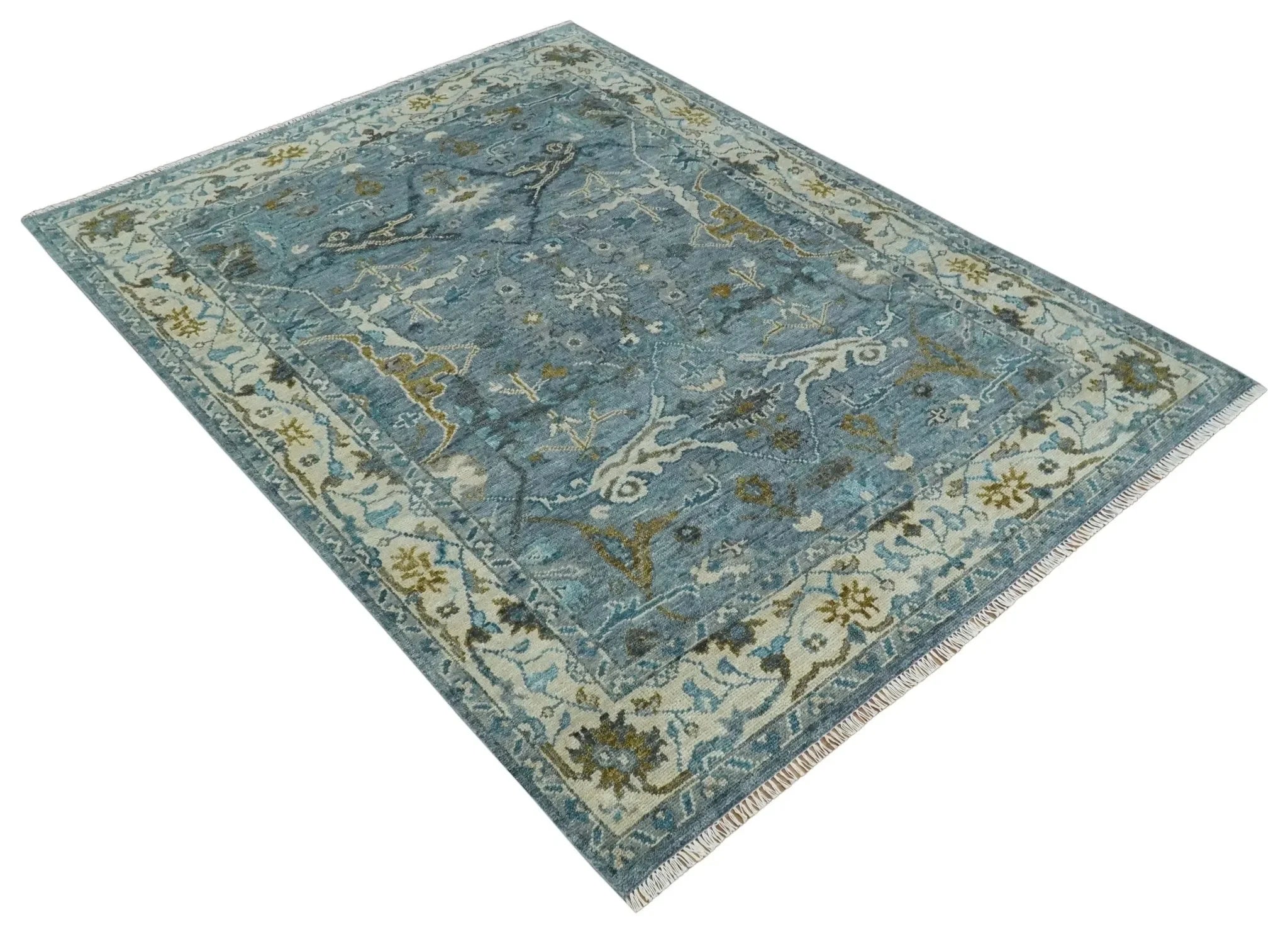 Custom Made Blue and Ivory Antique Style Hand knotted Oriental Oushak wool Area Rug - The Mayfair Hall