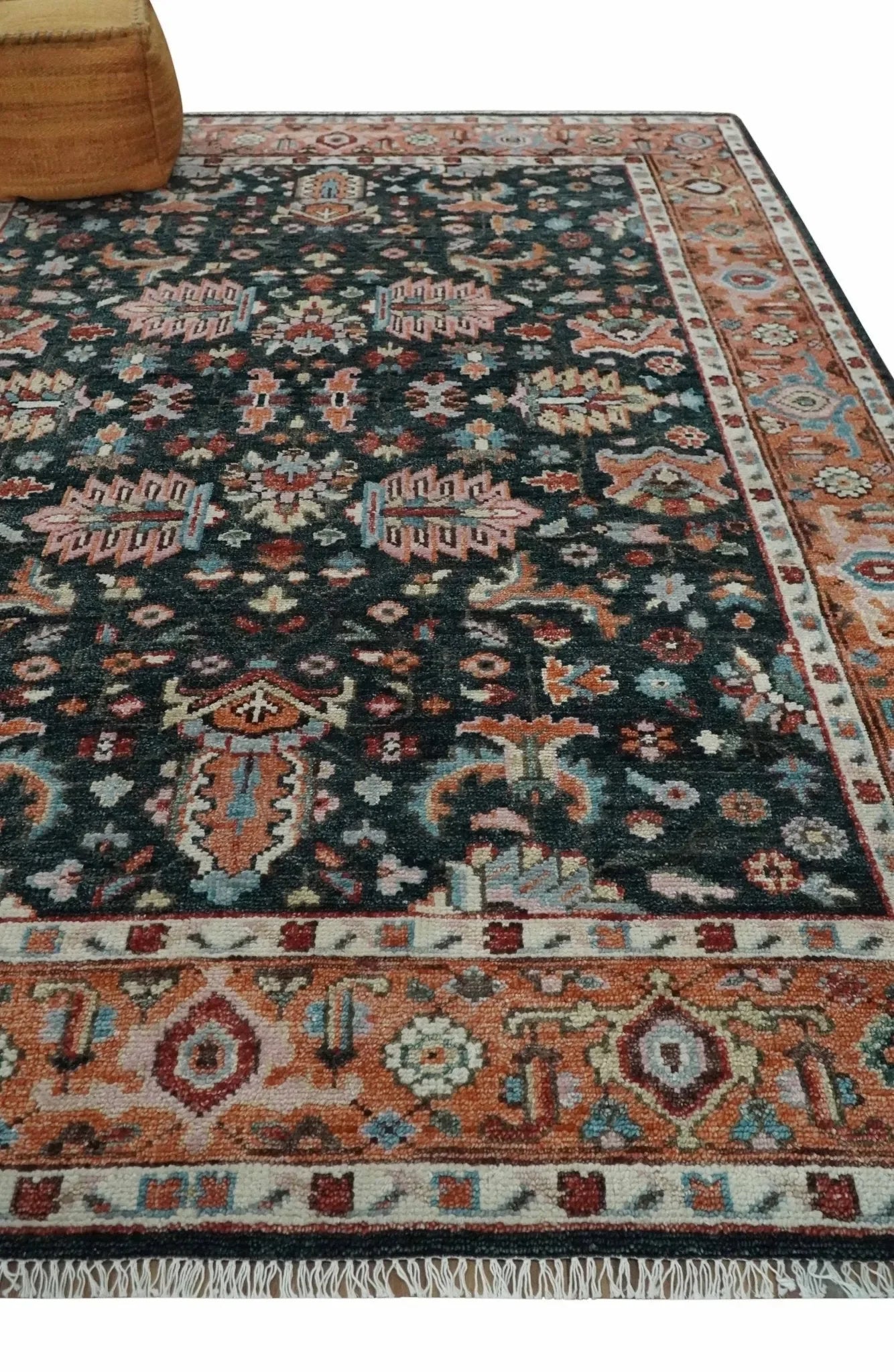 Custom Made Hand Knotted Black and Rust Traditional Oushak Wool Area Rug - The Mayfair Hall