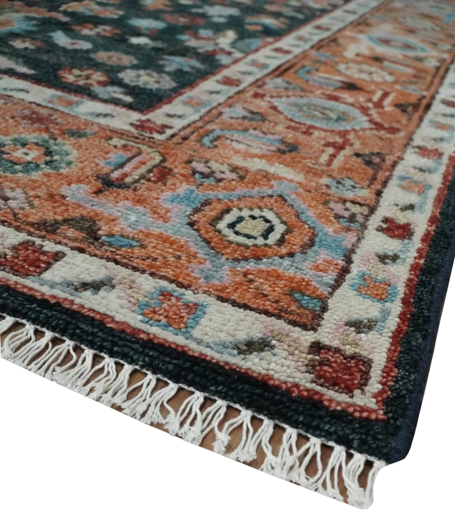 Custom Made Hand Knotted Black and Rust Traditional Oushak Wool Area Rug - The Mayfair Hall