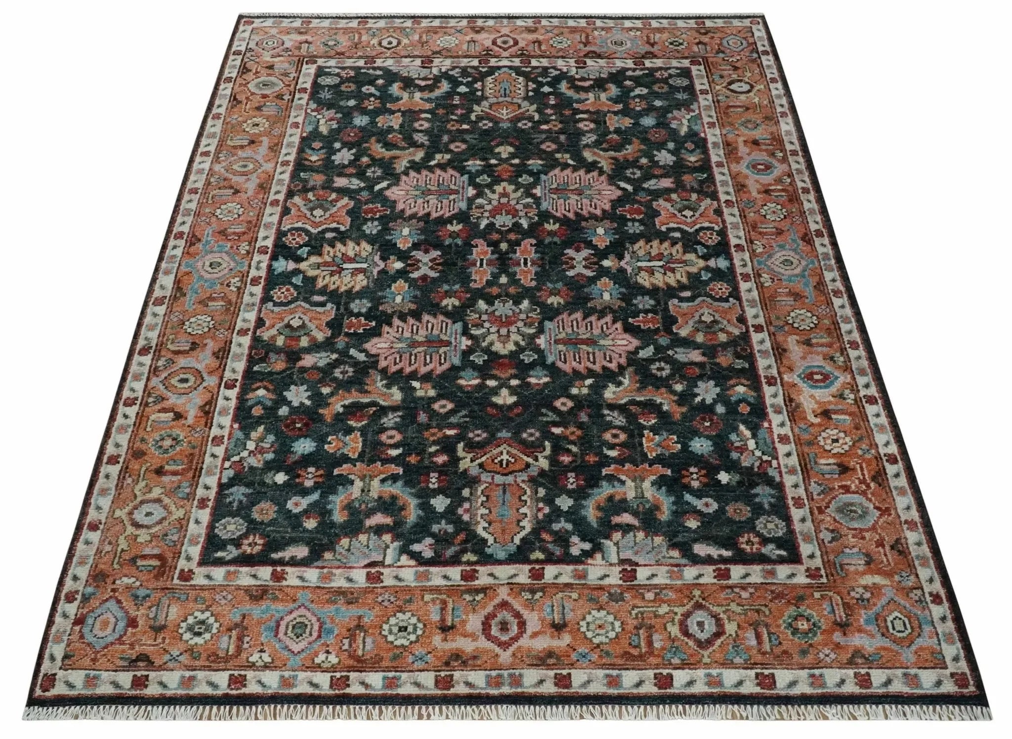 Custom Made Hand Knotted Black and Rust Traditional Oushak Wool Area Rug - The Mayfair Hall