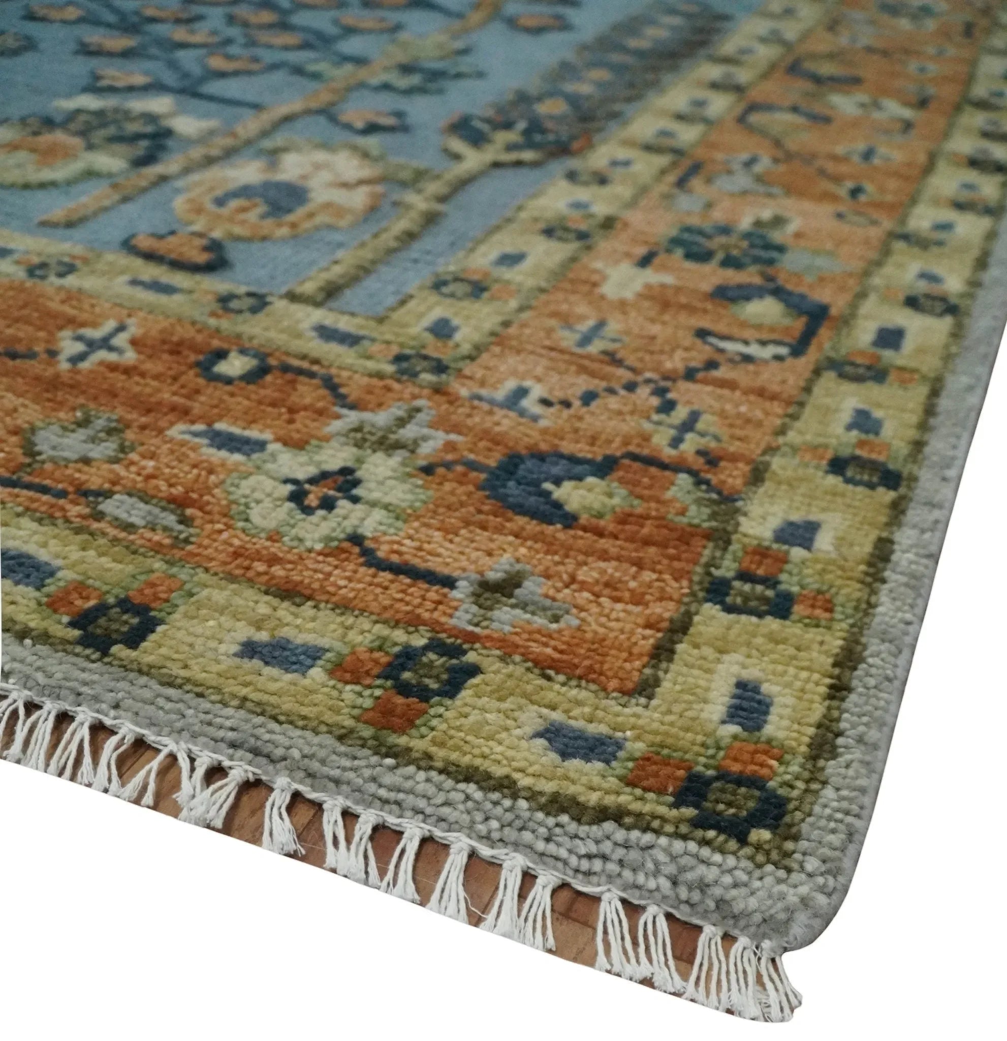 Custom Made Hand Knotted Blue and Rust Tree Design Low pile Wool Area Rug - The Mayfair Hall