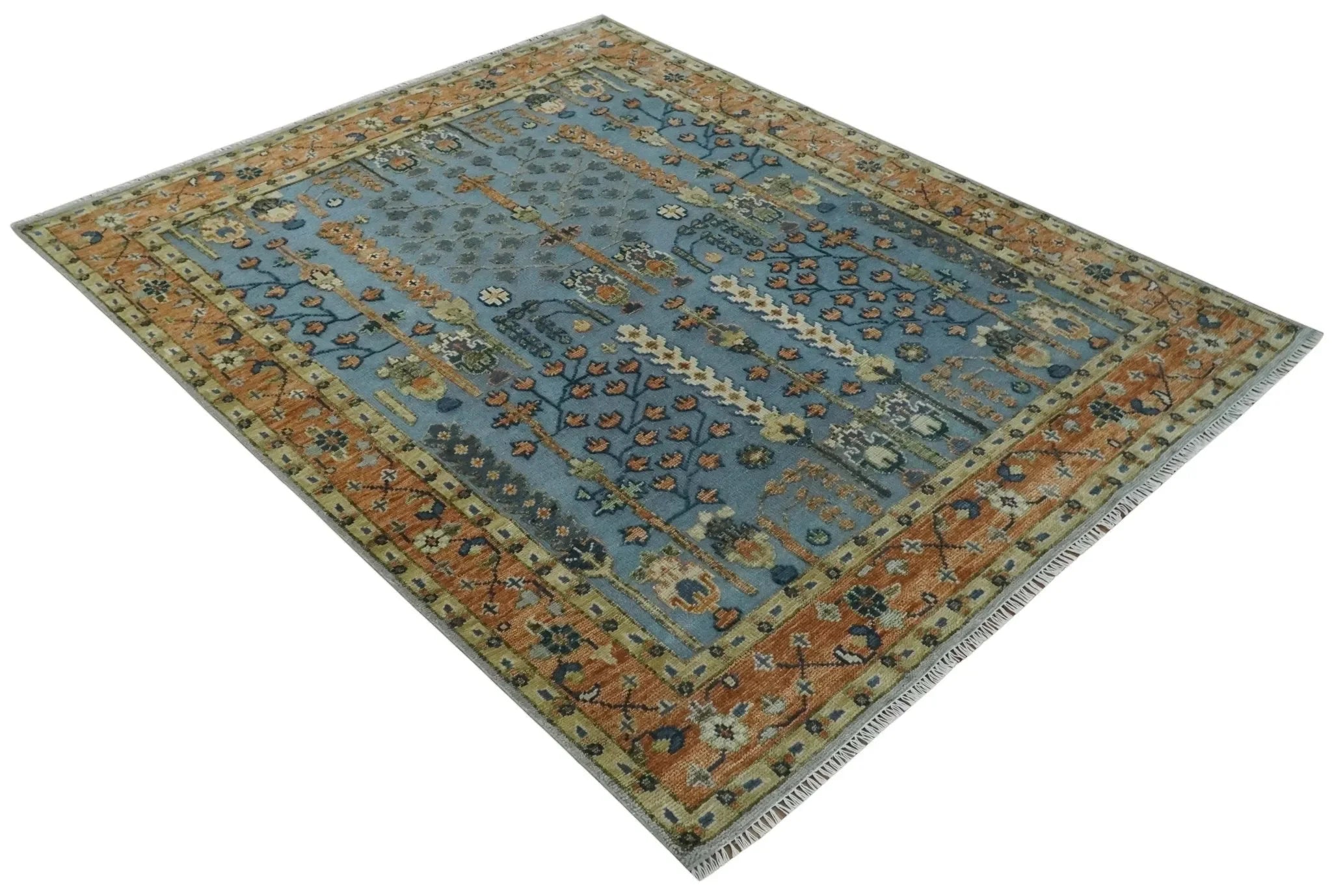 Custom Made Hand Knotted Blue and Rust Tree Design Low pile Wool Area Rug - The Mayfair Hall