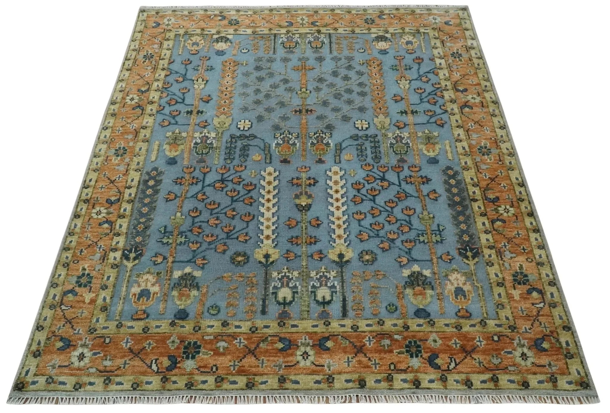 Custom Made Hand Knotted Blue and Rust Tree Design Low pile Wool Area Rug - The Mayfair Hall