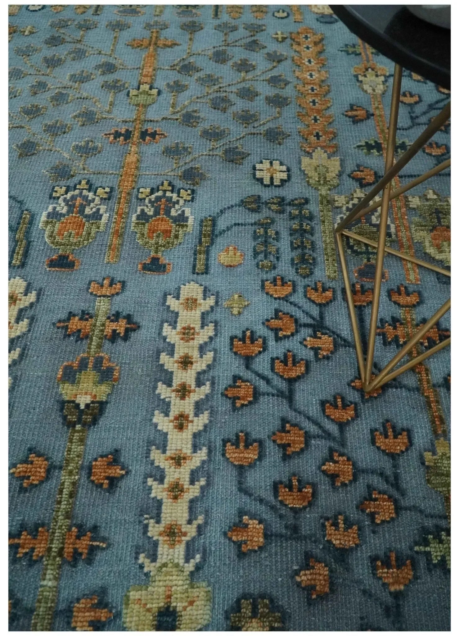 Custom Made Hand Knotted Blue and Rust Tree Design Low pile Wool Area Rug - The Mayfair Hall